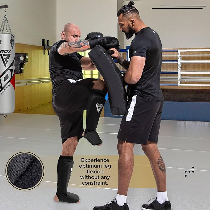 RDX Shin Guards Kickboxing Muay Thai, SATRA Approved, MMA Leg Instep Protection Pads, Sparring Training Martial Arts Boxing, Elasticated Padded Protector, Karate BJJ Taekwondo Gear, Men Women