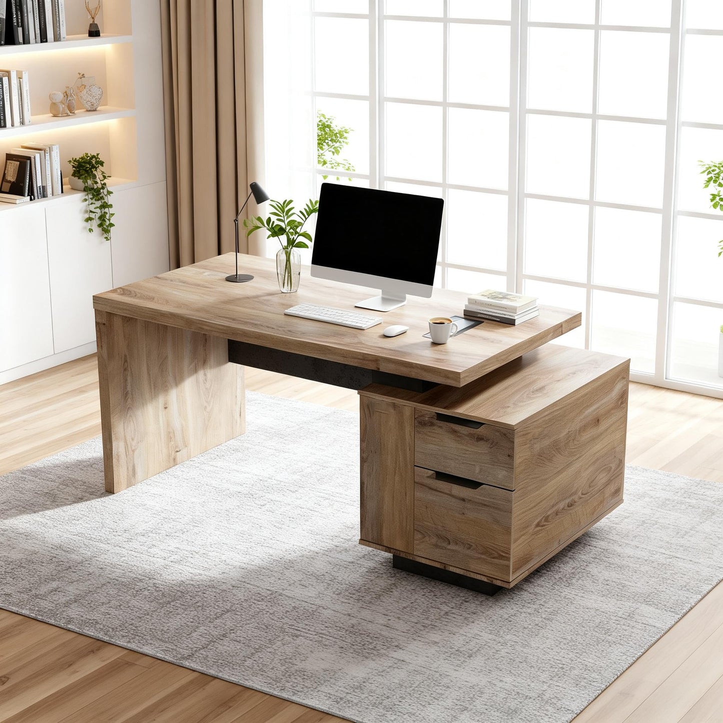 GT BLACK TURNSTONE Large Executive Desk 62.99" or 70.87", Modern Home Office Desk with 2 Drawers & Cable Management, Dual-Size Design Adapts to Any Layout for Home or Business (TH-X, Right)