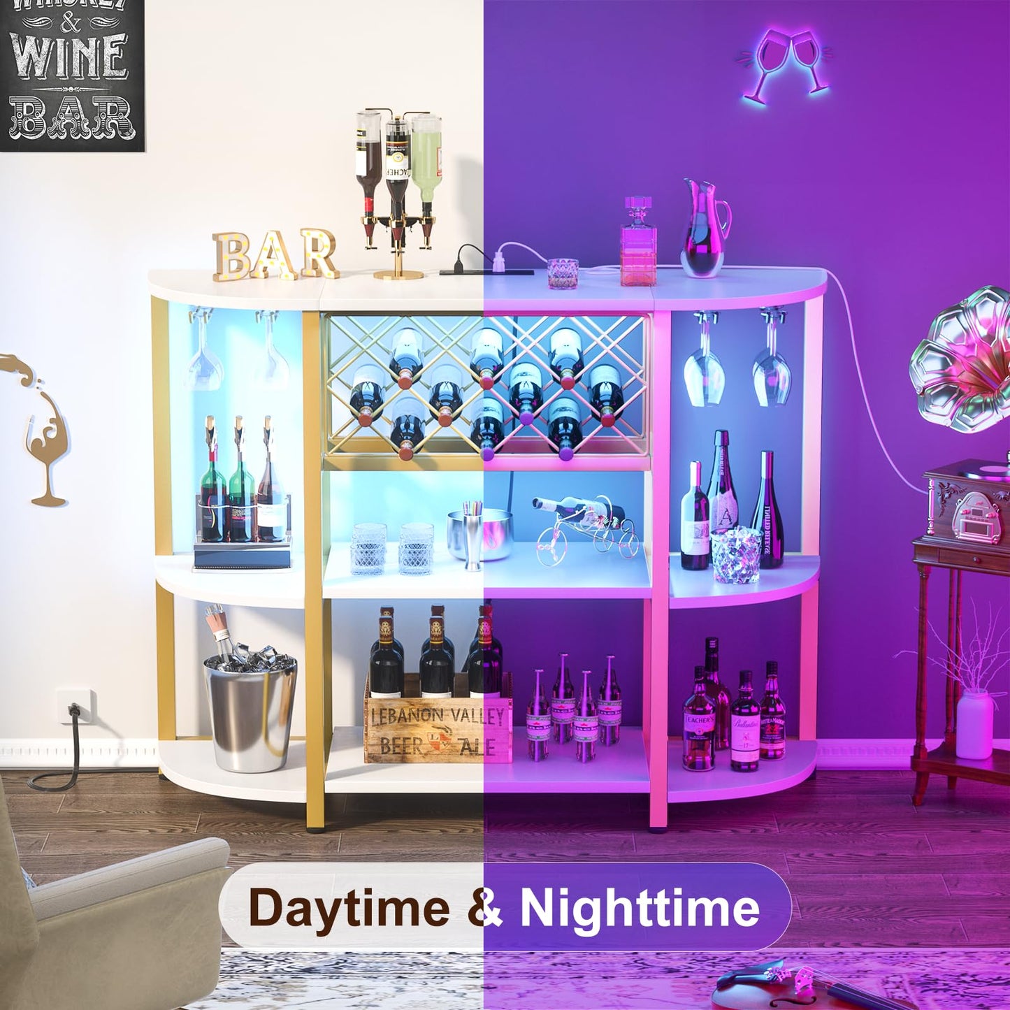 Unikito 4-Tier Metal Coffee Bar Cabinet with Outlet and LED Light, Freestanding Floor Bar Table for Liquor with Glass Holder and Wine Storage, Wine Bakers Rack for Kitchen Dining Room, White and Gold