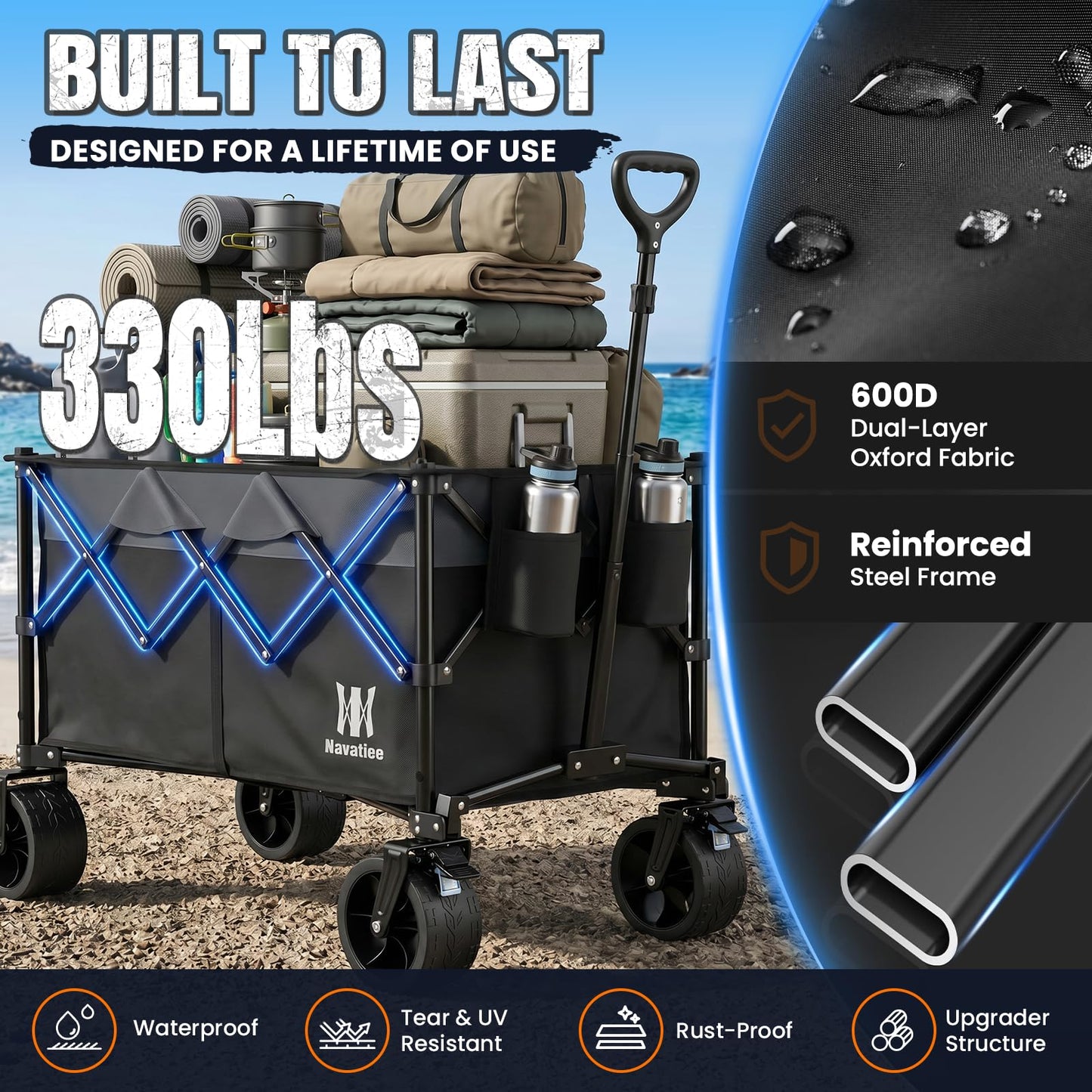 Navatiee 330Lbs Collapsible Folding Wagon, Beach Wagon Cart Heavy Duty Foldable with Big Wheels, Utility Grocery Wagon with 165L Large Capacity for Camping Garden Sports, Black