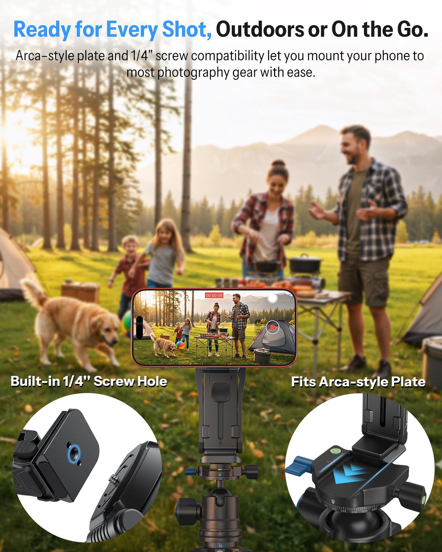 OMOTON TP02-Pro Magnetic Phone Holder for Vlogging, Content Creator Essentials with 1/4" Screw, Arca, Strong Back Magnet for Gym, Adjustable Phone Stand & Selfie Stick for iPhone 12-17 Series, Black