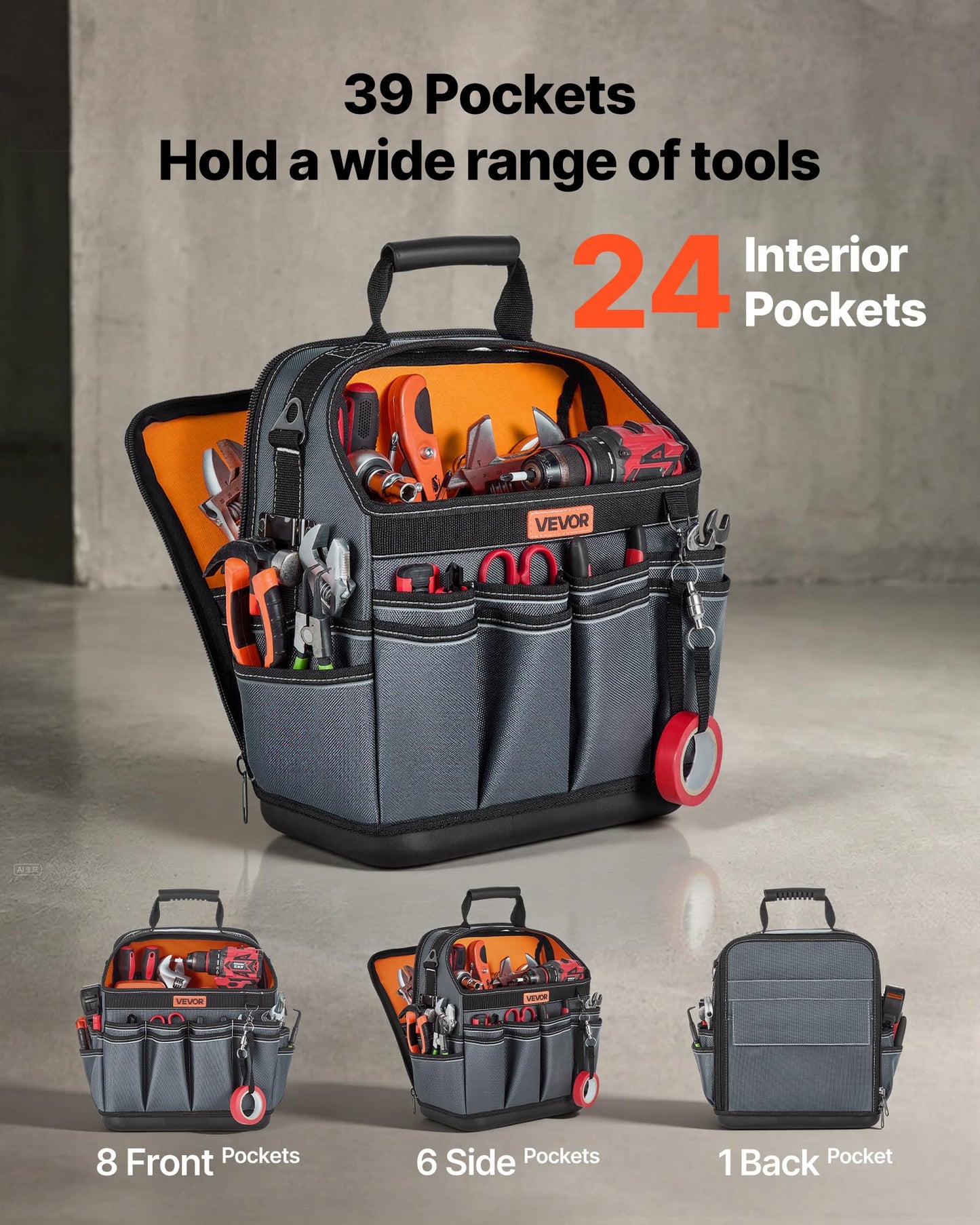 VEVOR Tool Bag, 13.2 Inch, 39-Pocket Open Top Tool Pouch, Portable Electrical Maintenance Toolbox Organizer Storage with Hard Plastic Base, Adjustable Shoulder Strap, for Professionals DIY & Jobsite