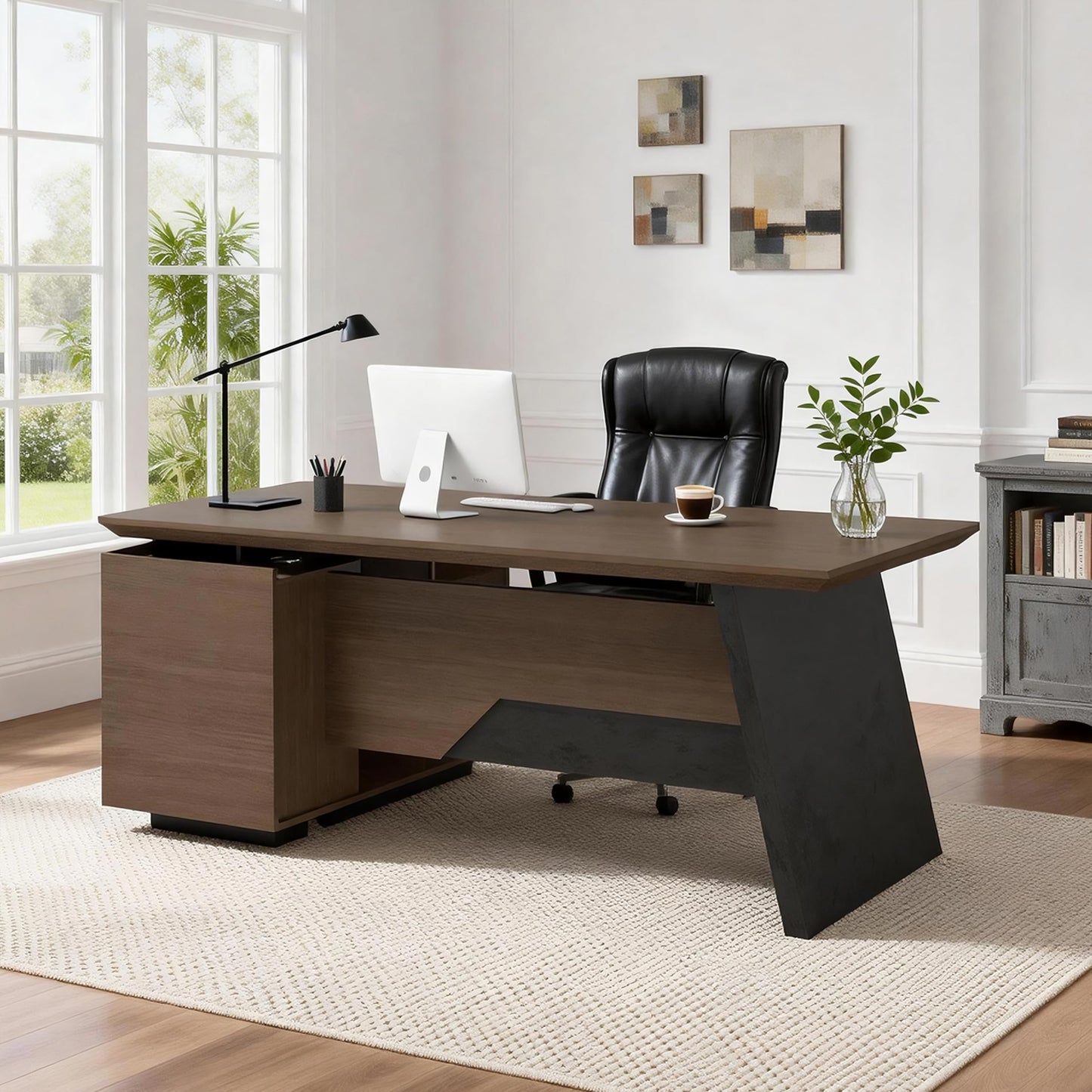 SAINTCY L Shaped Executive Office Desk with Power Hub, Large Office Desk with Storage Cabinet & Printer Station, 35.4" Deep Home Office Desk Workstation, 70.9" or 78.7" Workstation (Right)