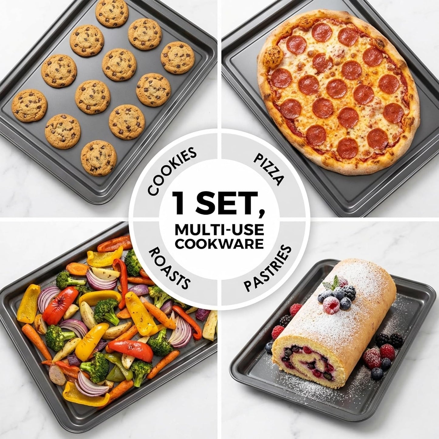PERLLI Non-Stick Baking Pan Set - 3-Piece Carbon Steel for Even Heat Distribution | Oven Safe to 446°F, BPA-Free, Dishwasher Safe - Gray