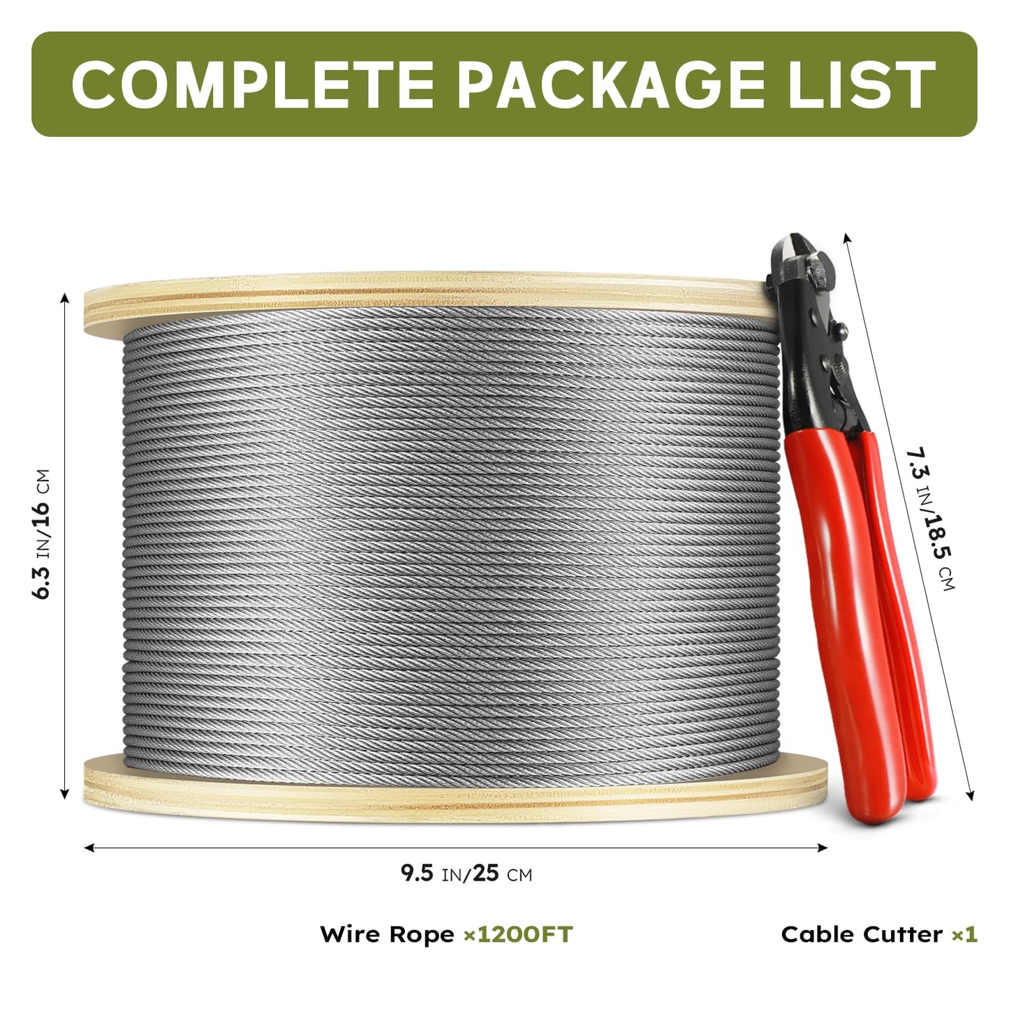 KALLSDY 1200FT 1/8" T316 Stainless Steel Cable, Wire Rope Aircraft Cable for Deck Cable Fence Railing Kit, and DIY Balustrades, 7x7 Strands Construction, Comes with a Cutter