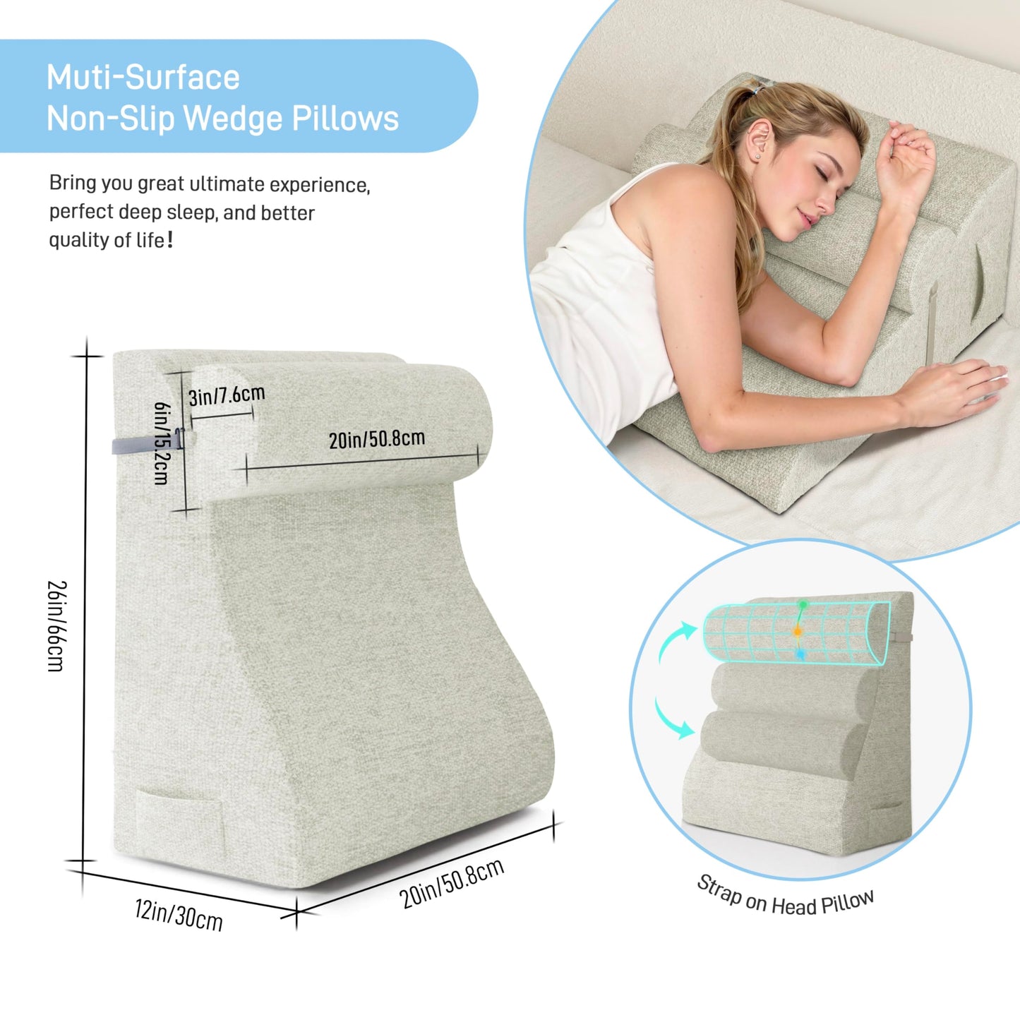 strusery Wedge Pillow for Sitting in Bed – Ergonomic Backrest Cushion, Acid Reflux & GERD Relief, Adjustable Support for Neck/Leg Pain (Polyester-White)