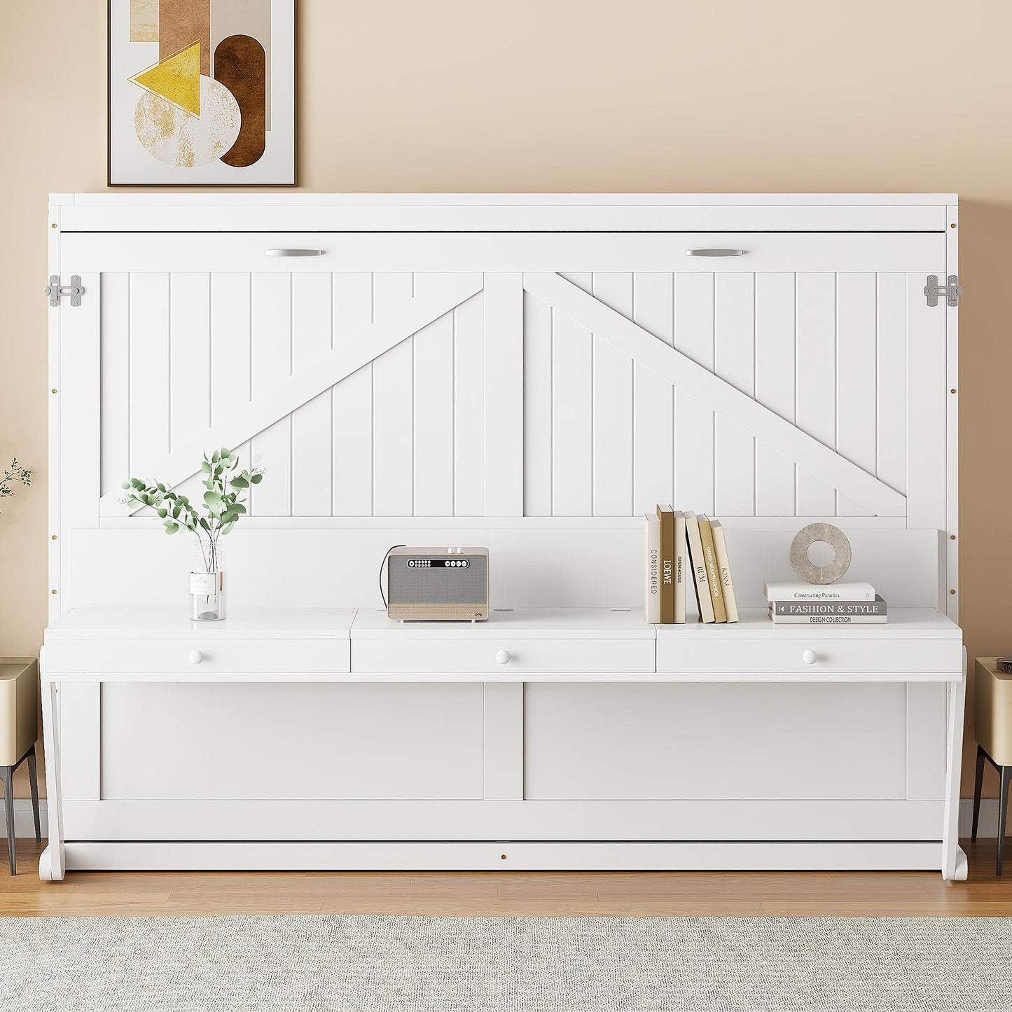 DNYN Murphy Bed with Vanity Desk and Center Mirror for Bedroom/Guest Room, Space-Saving Queen Size Foldable Wall Bed Frame with 2 Side Storage Drawers, No Box Spring Needed
