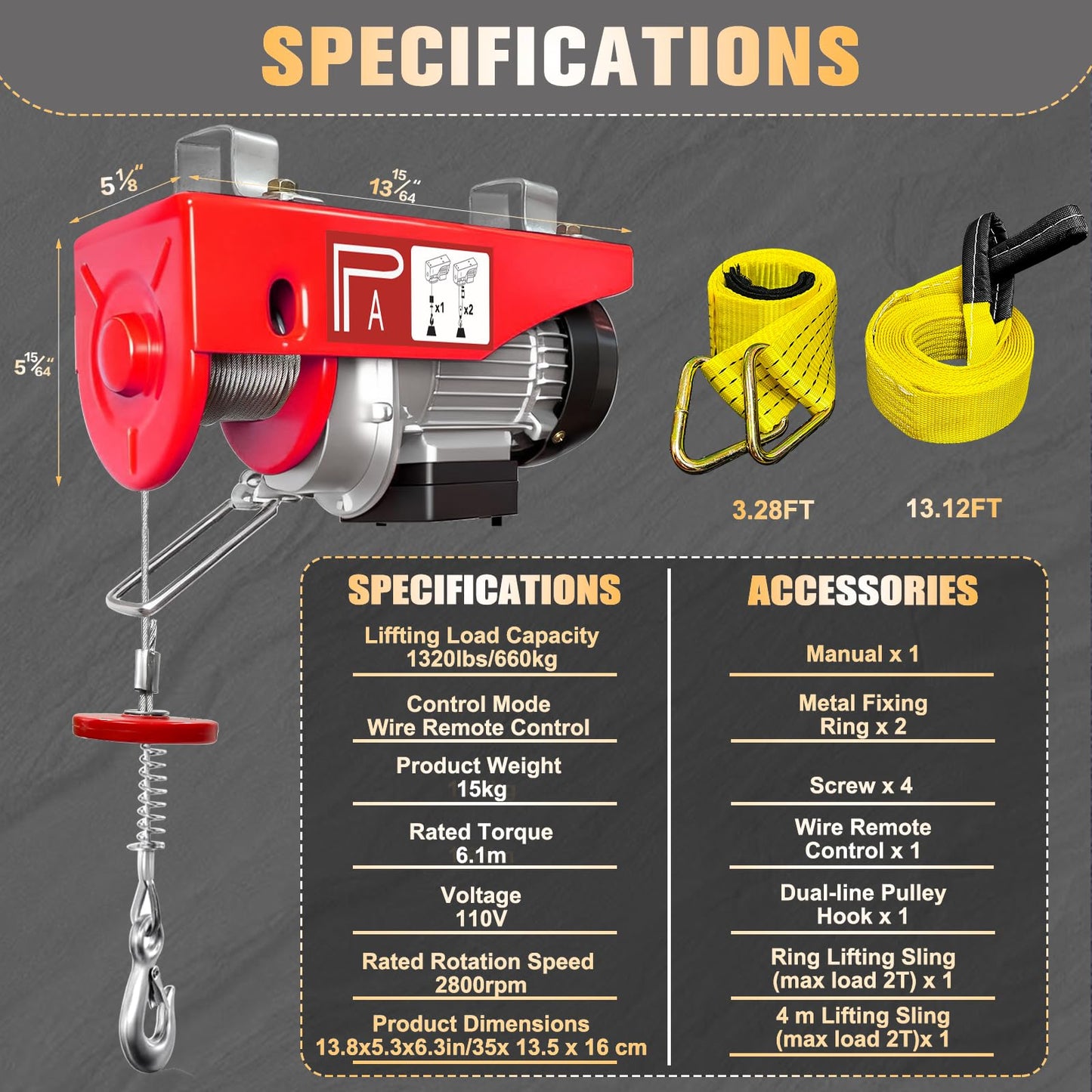 YATOINTO 1320lbs Electric Hoist, Electric Winch with 13ft Wired Remote Control, 39.4ft Single Cable Lifting Height with Emergency Stop Switch, Zinc-Plated Steel Wire, Hoist Lift for Garage, Factories