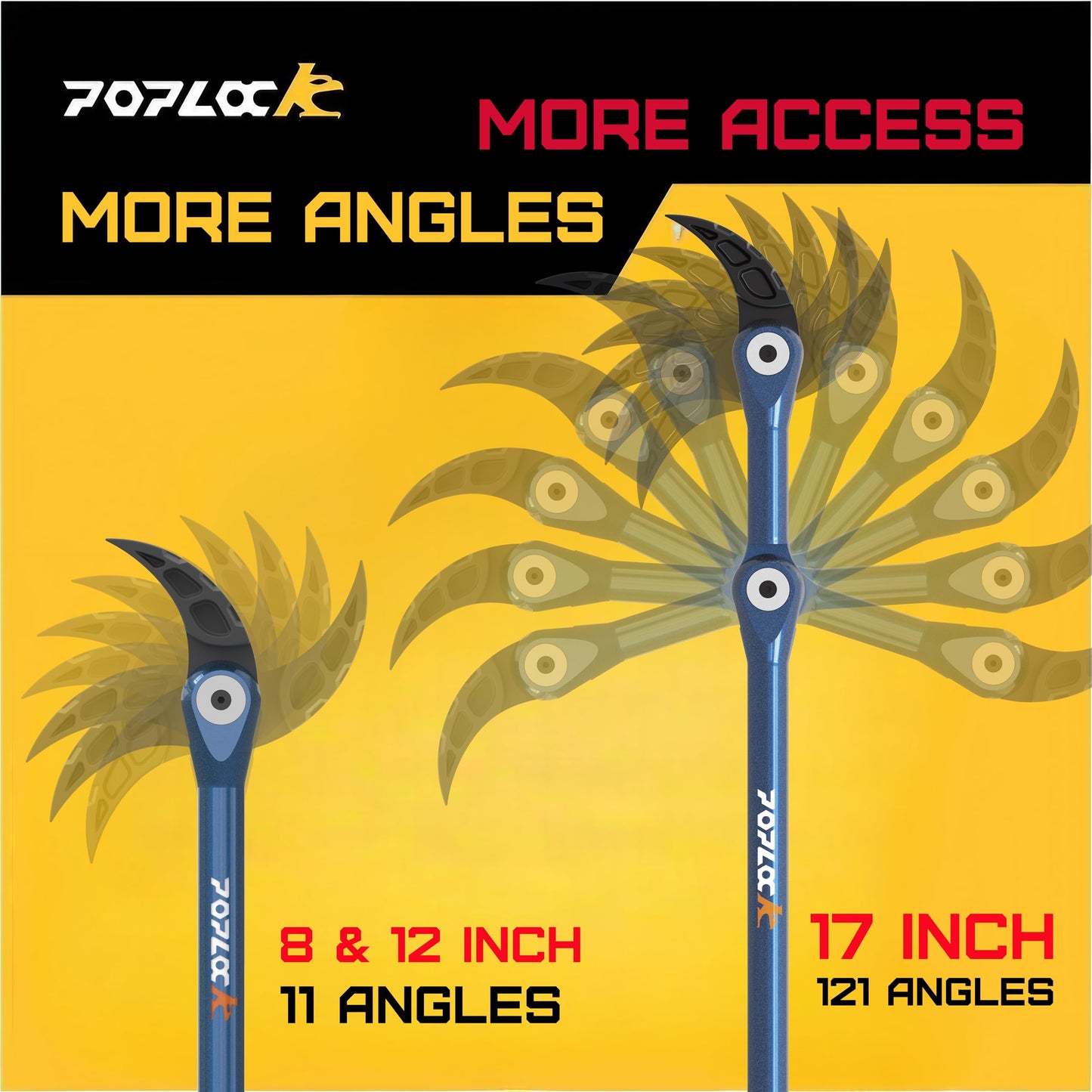 POPLOCK 3-Piece Indexing Pry Bar Set, 8" 12" 17" Adjustable Articulating Mechanic Pry Bars with Double Gear Head for Brake, Wheel Hub, Belt Tensioner, Suspension & Engine Bay Work