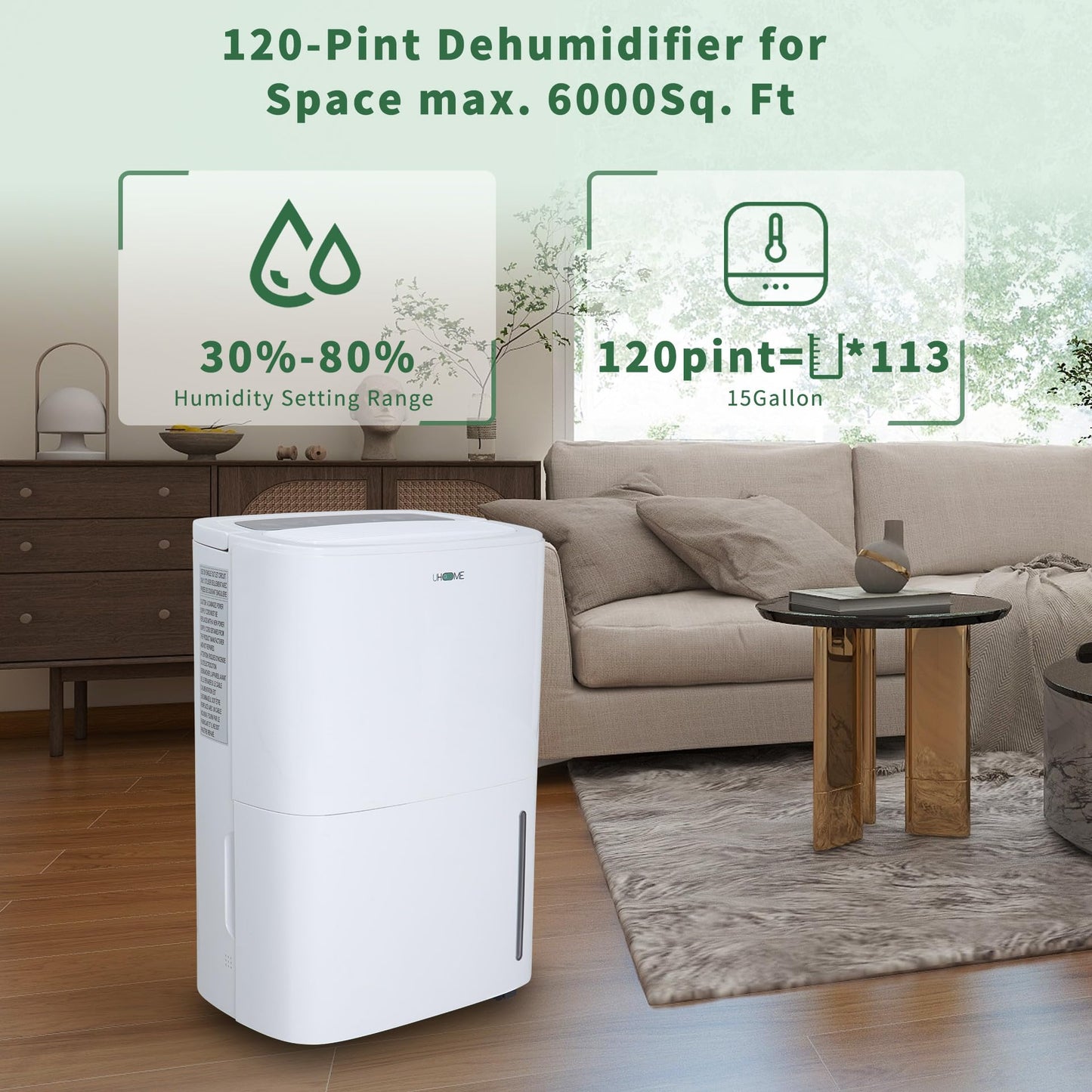 Uhome 120 Pints Dehumidifier with Drain Hose - 6000 Sq. Ft Quiet Dehumidifier for Home, Basements, Storages and Large Rooms with 5L Water Tank