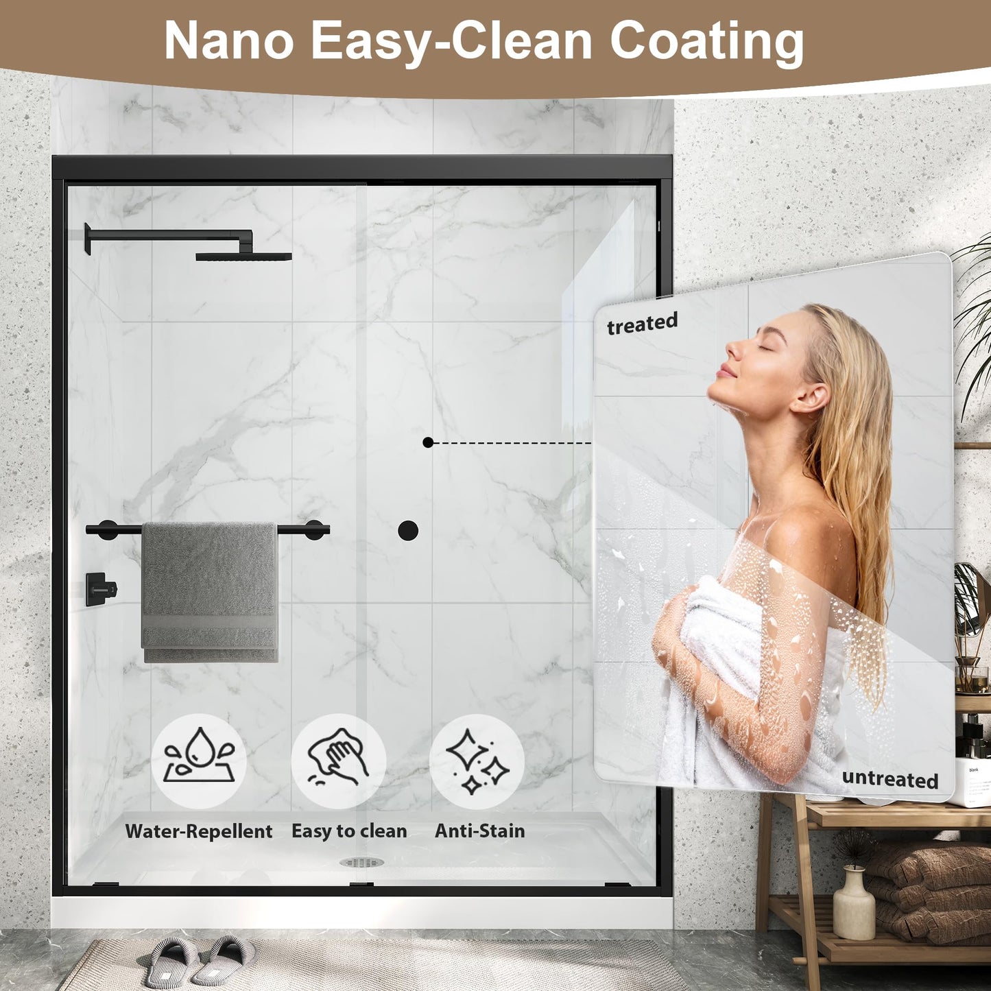 Double Sliding Shower Door 43-48" W x 72" H,Semi-Frameless Glass Shower Door with Nano Explosion-Proof Safety Film, 1/4"(6mm) Tempered Glass,Easy-Clean Bypass Walk-in Shower Door,Matte Black