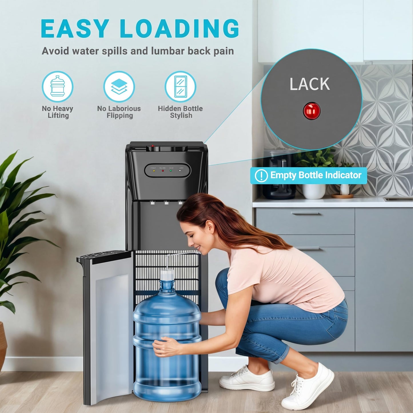 Manastin Bottom Loading Water Cooler Dispenser，3 Temperature Settings - Hot, Cold & Room, Empty Bottle Indicator, Child Safety Lock, Ideal for Office, Home, Living Room, Matte Black