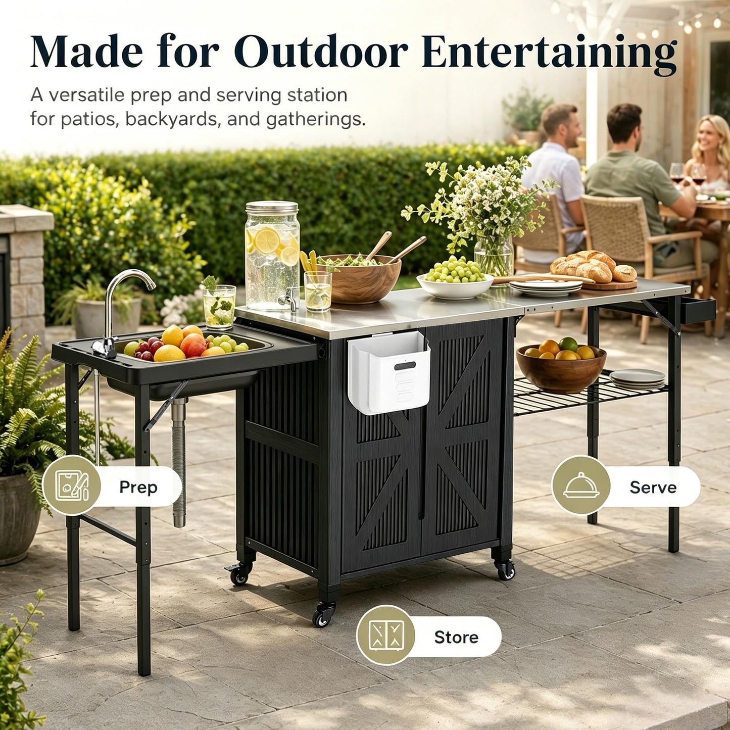 aoole Outdoor Grill Cart with Storage Cabinet, 3-in-1 Movable Kitchen Island Cart, Outdoor Grill Cooking Station with Stainless Steel Countertop&Rolling Wheels&Folding Side Tables for Backyard Patio