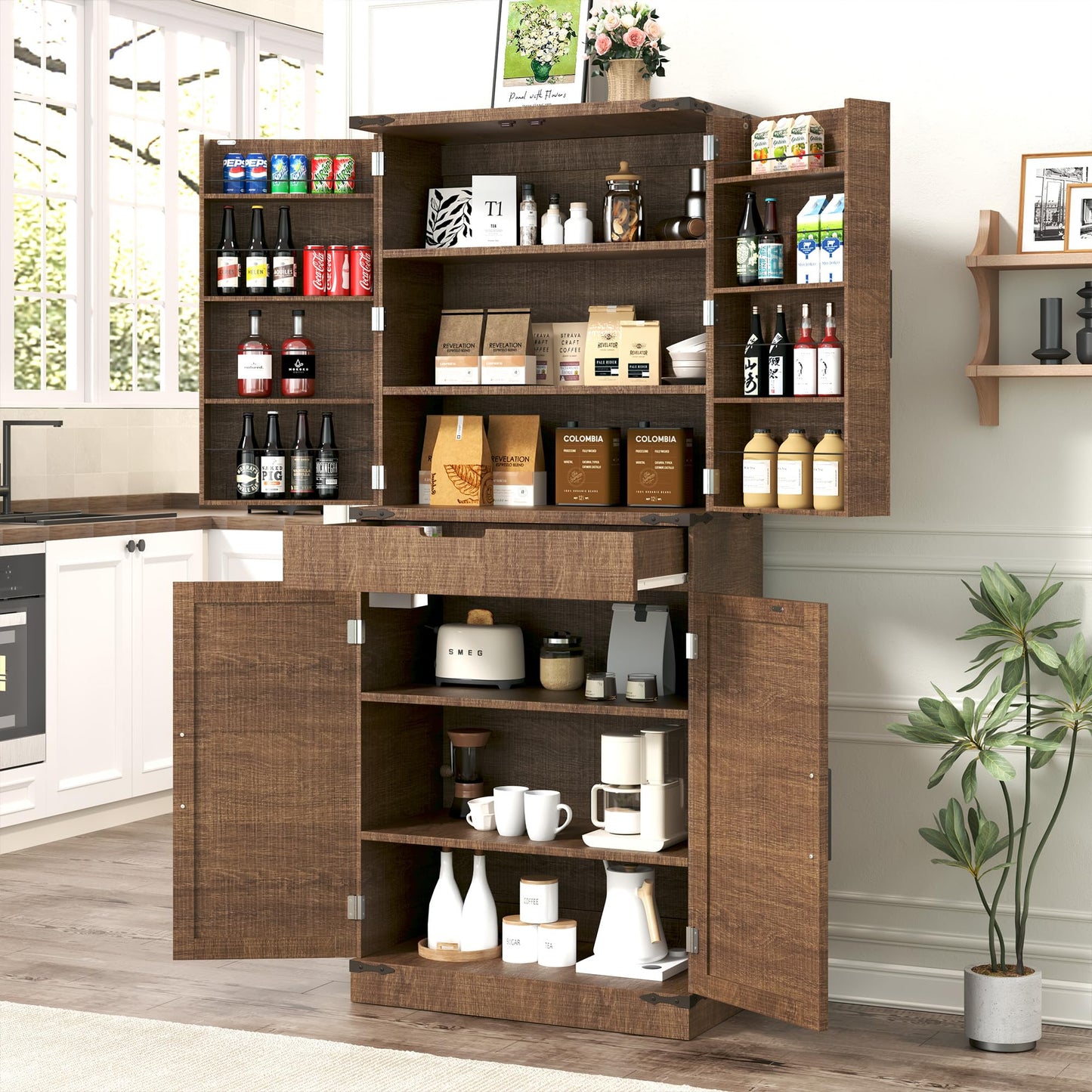 GRUSIGN 72" Kitchen Pantry Storage Cabinet with Doors and Shelves, Wood Farmhouse Pantry Storage with Barn Doors for Kitchen, Dining Room, Living Room, Dark Brown