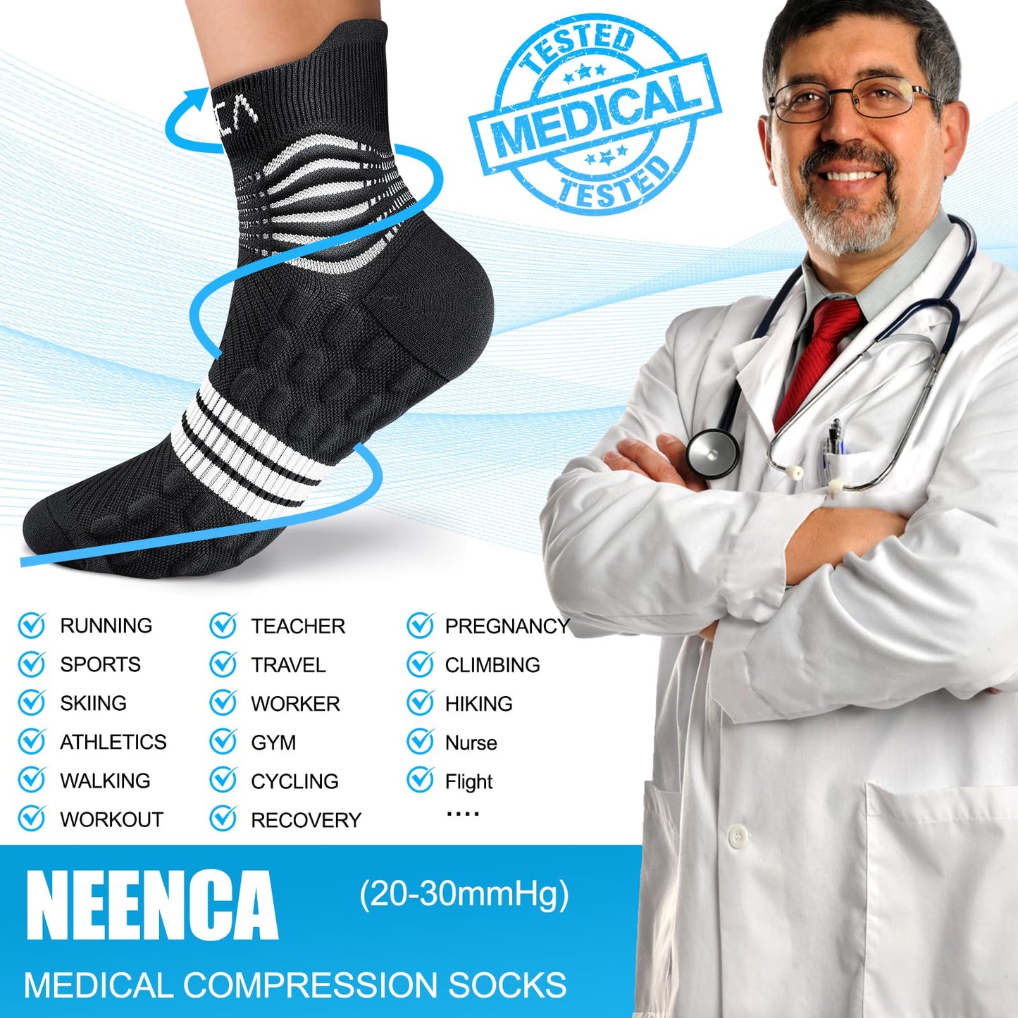 NEENCA Professional Compression Socks, Medical Ankle Socks with Patented Massage Dots for Pain Relief, Plantar Fasciitis, Women/Men Circulation, Swelling, Travel, Sports Protection. 1 Pair, 20-30 mmHg