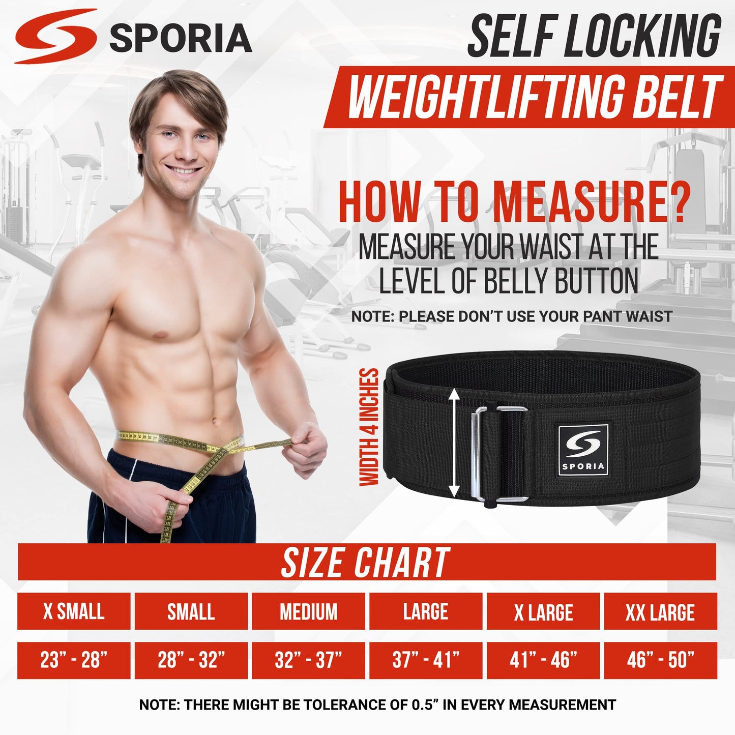 SPORIA Self-Locking Weight Lifting Belt for Men & Women | Lifting Straps Included | Adjustable Weightlifting belt Gym Belt | 4 inch Back Support Powerlifting Belt | Workout Belt | Olympic Weight Belt