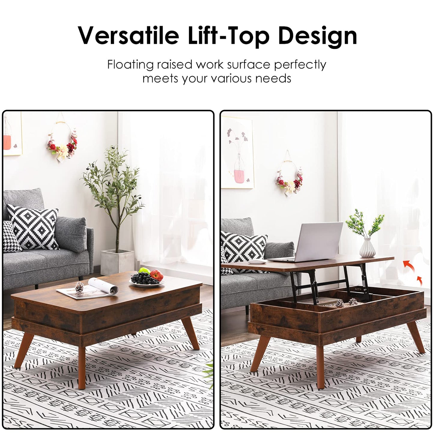 Bidiso Lift Top Coffee Table, Easy-to-Assembly Center Table with Hidden Storage Compartment, Industrial Lift Tabletop Dining Table for Living Room Reception/Home Office, Rustic Brown
