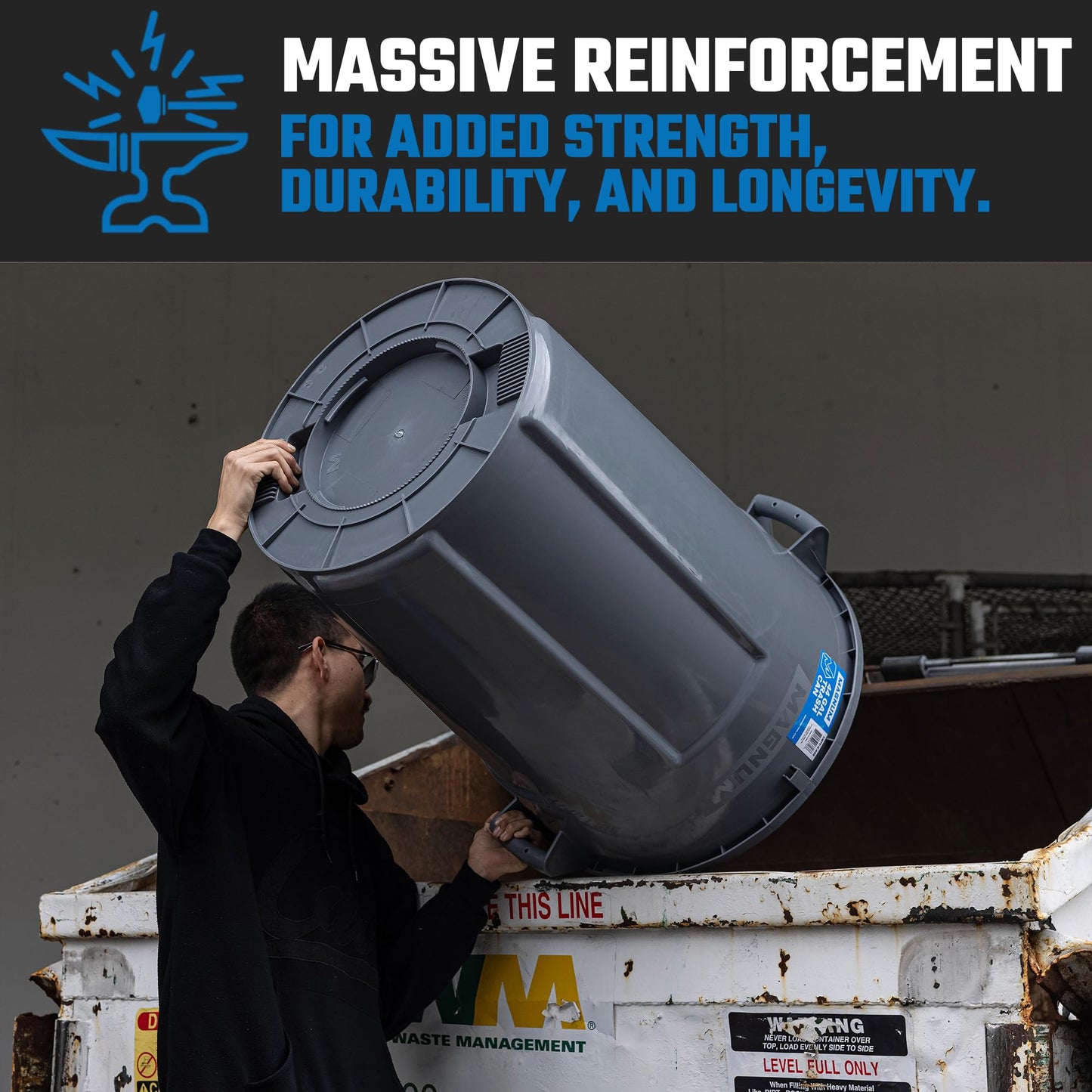 Magnum 32 Gallon Trash Can, Construction Grade, Heavy Duty Plastic, Jobsite Ready for Handling and Holding Garbage CMTC-C000-32G02 (2 Pack)
