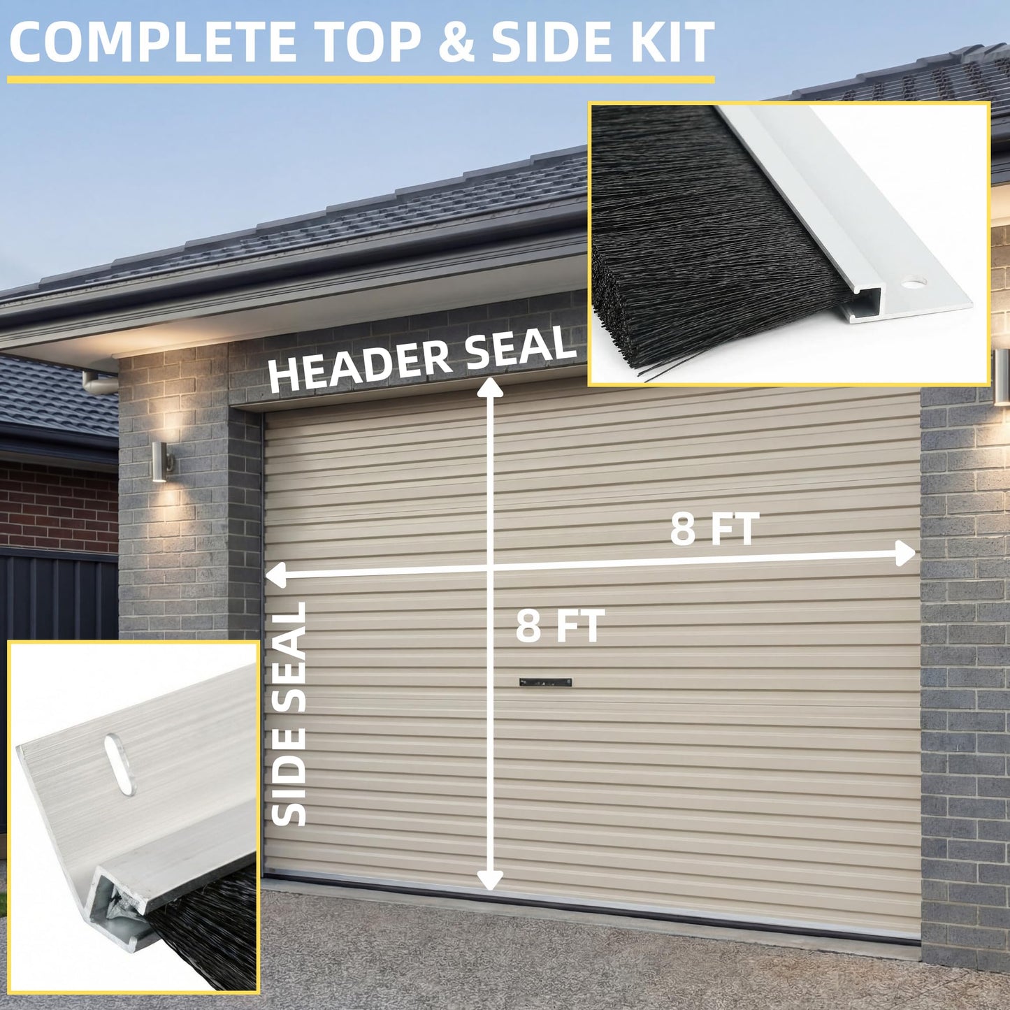 Mindoub 24 FT Garage Door Brush Seal Kit for 8'W X 8'H Doors, 3" High-Density Long Nylon Bristle with Pre-Drilled Aluminum Track, Complete Top and Side Weather Stripping for Roll Up & Sectional Doors