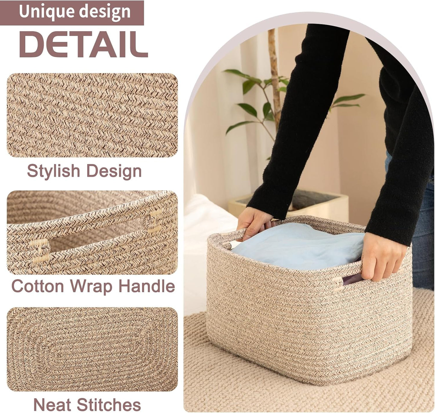OIAHOMY Storage Baskets - 4 Pack Woven Cube Organizers with Handles | 12.7''L x 9''W x 7.8''H, Brown