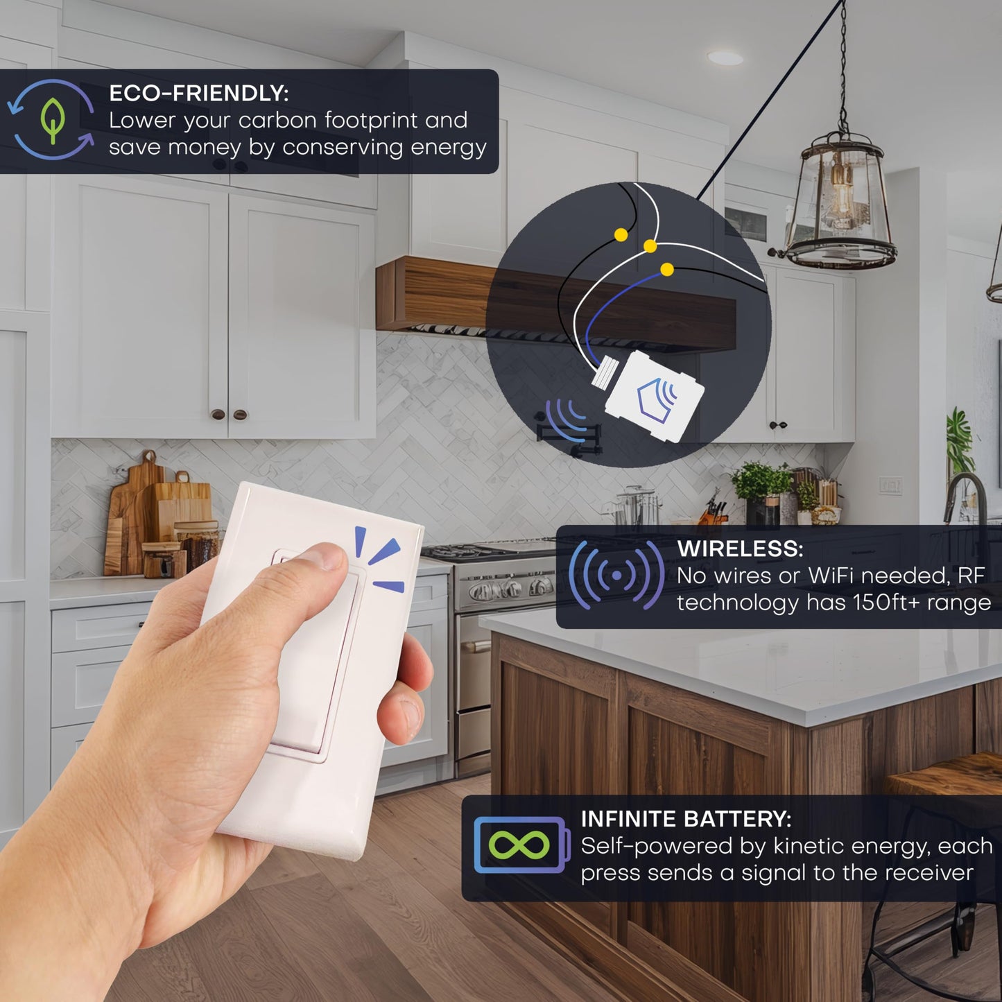 RunLessWire Single Pole Battery-Free DIY Wireless Light Switch Kit 150ft RF Range Self-Powered by Kinetic Energy for Fixtures & Outlets : 1 Remote Switch Controls 1 5A On/Off Receiver Black