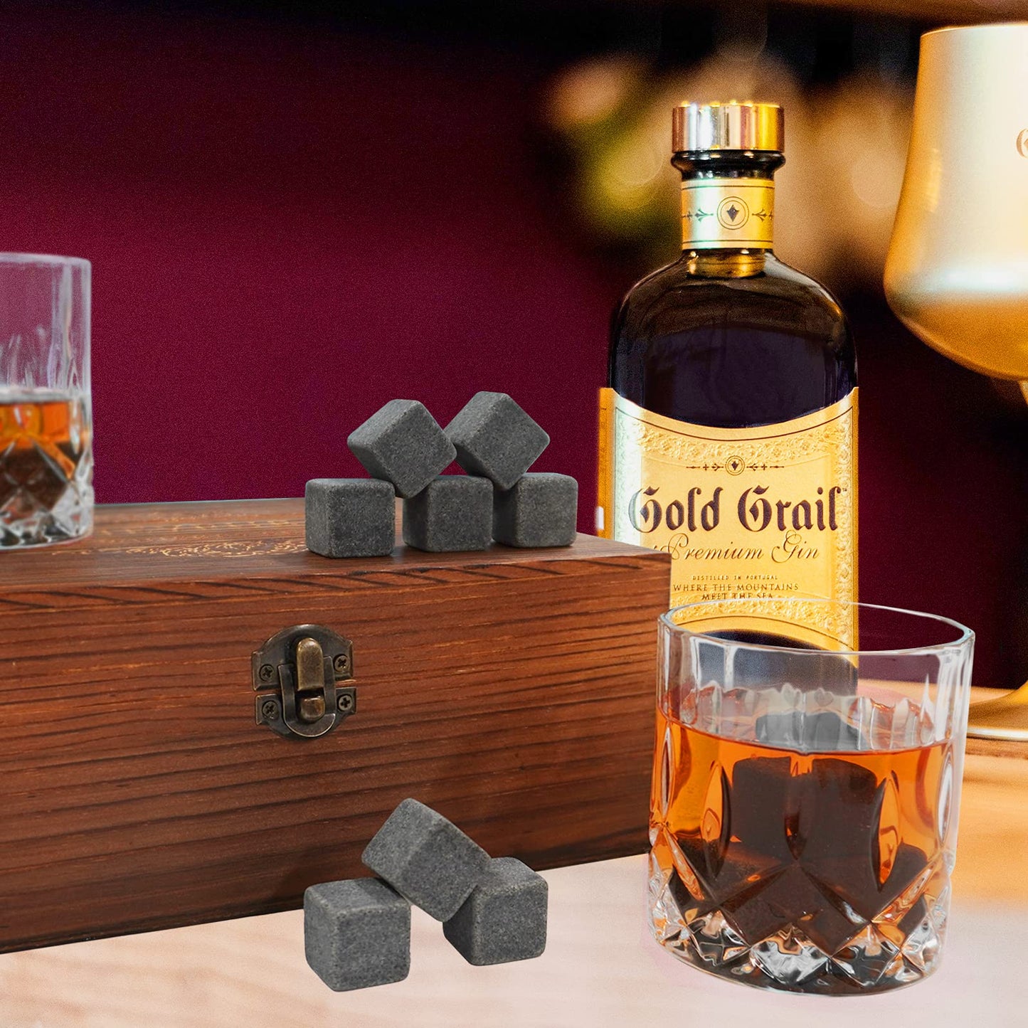 HEYPUB Whiskey Stones Gift Set,Whiskey Glasses Set 8 Granite Chilling Whisky Rocks, 2 Bourbon Glasses,Best Drinking Gifts for Men Dad Husband Birthday Anniversary Present，Plus 2 Free Coasters.