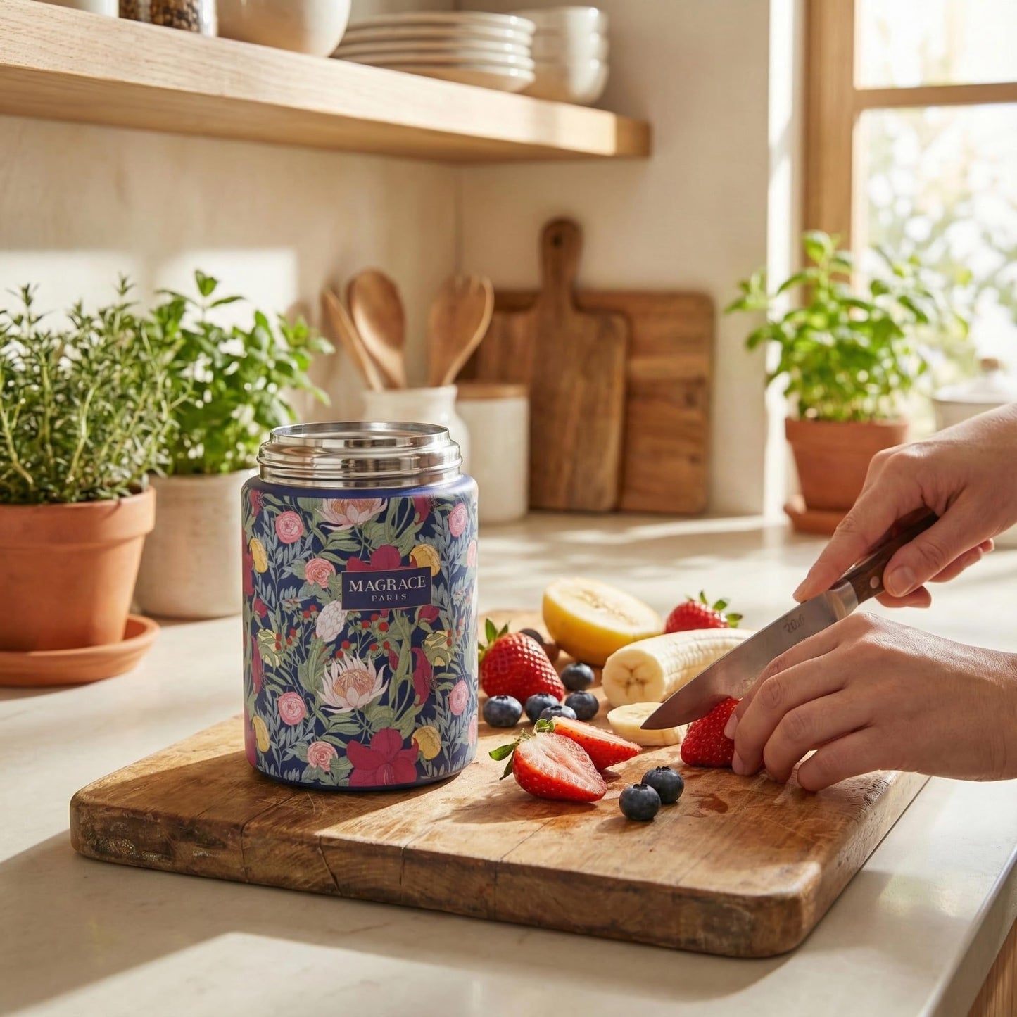 MAGRACE Vaccum Insulated Food Jar - Boho Floral Thermal Lunch Container for Office Outdoor Hot & Cold Meals, Wide Mouth Thermo for Adult, W/Foldable Spoon (Pastoral)