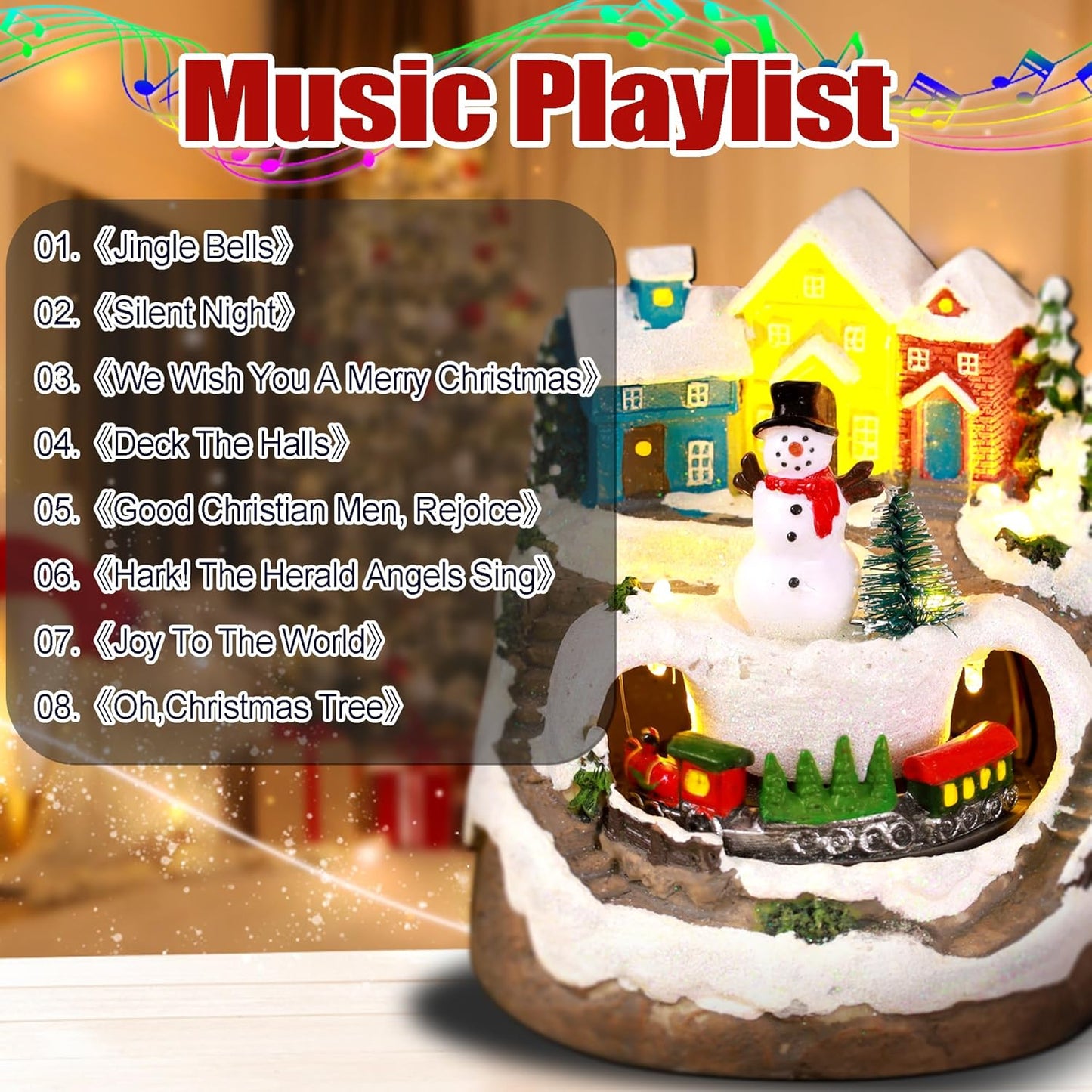 Skiennix Musical Resin Snowman Figurines - Spinning Train & LED Lights | Holiday Indoor Decor