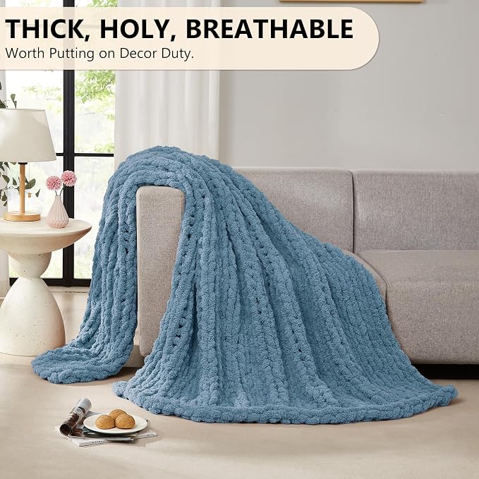 L'AGRATY Chunky Knit Blanket Throw: 60''x80'' Chenille Chunky Knitted Throw Blanket for Bed Couch - Handmade Thick Big Cable Knit Blanket - Large Crochet Rope Blankets for Home Decor(Airy Blue)