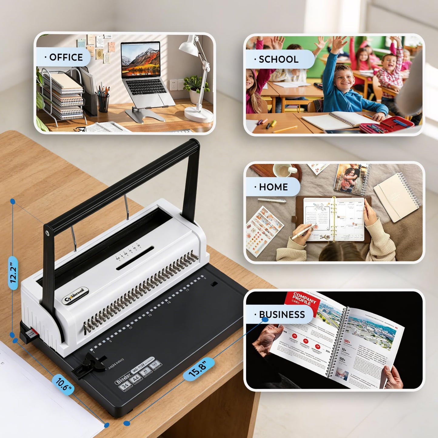 CGOLDENWALL Wire Binding Machine, Wire-O Binder, 3:1 Pitch 34 Holes, with 11 Coils Included, Punch 20 Sheets Bind 140 Sheets, Adjustable Pins Margins (Square Hole)