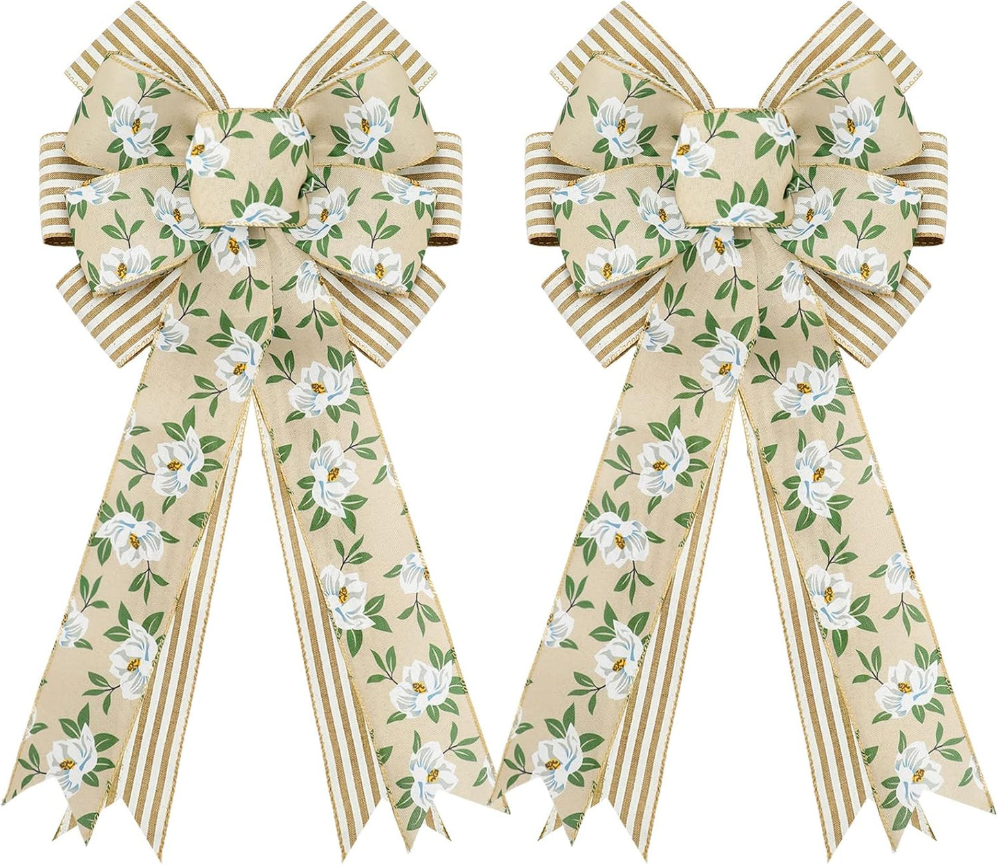 Whaline Spring Magnolia Wreath - Rustic Wired Edge Bow | Large 11 x 21 Inch Floral Decor for Home & Parties