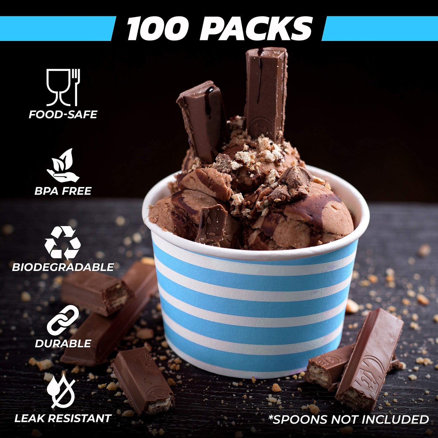 TYPTOP EXTRA DURABLE Ice Cream Cups - 100 Pack Ice Cream Sundae Cups, Frozen Yogurt Dessert Cups (Blue)