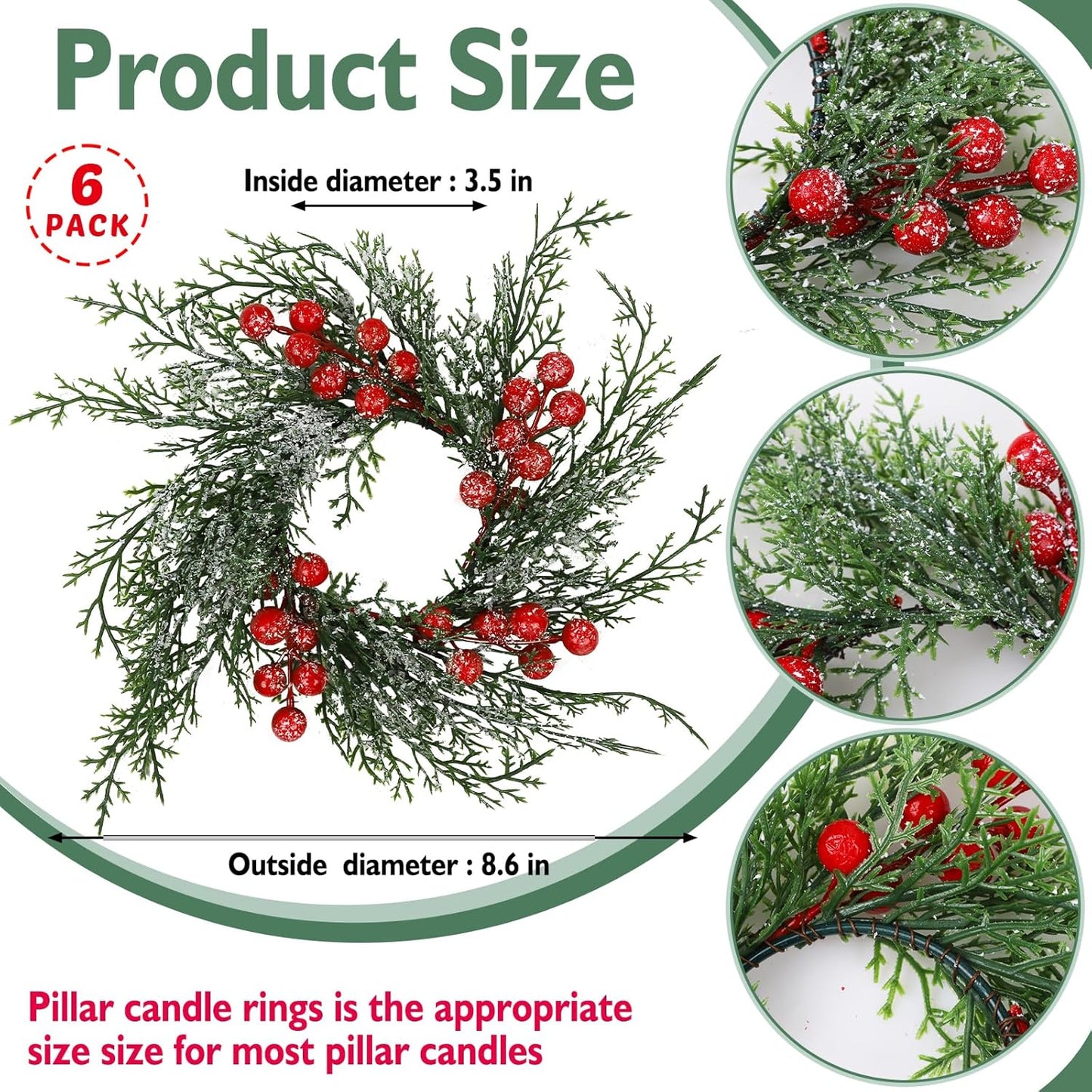 Skiennix Christmas Candle Rings - 6 Pcs Artificial Wreaths with Red Berries & Snowy Pine | Festive Table Centerpiece