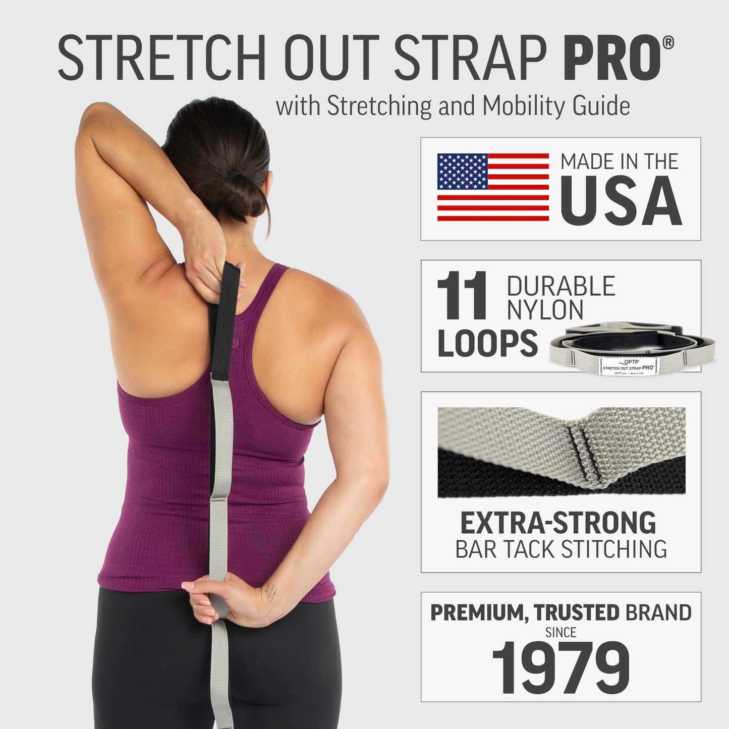 OPTP Stretch Out Strap Pro with Stretching Exercise Book, 11 Loop Stretching Strap for Yoga and Pilates, Physical Therapy Strap for Leg and Knee Recovery. Made in the USA