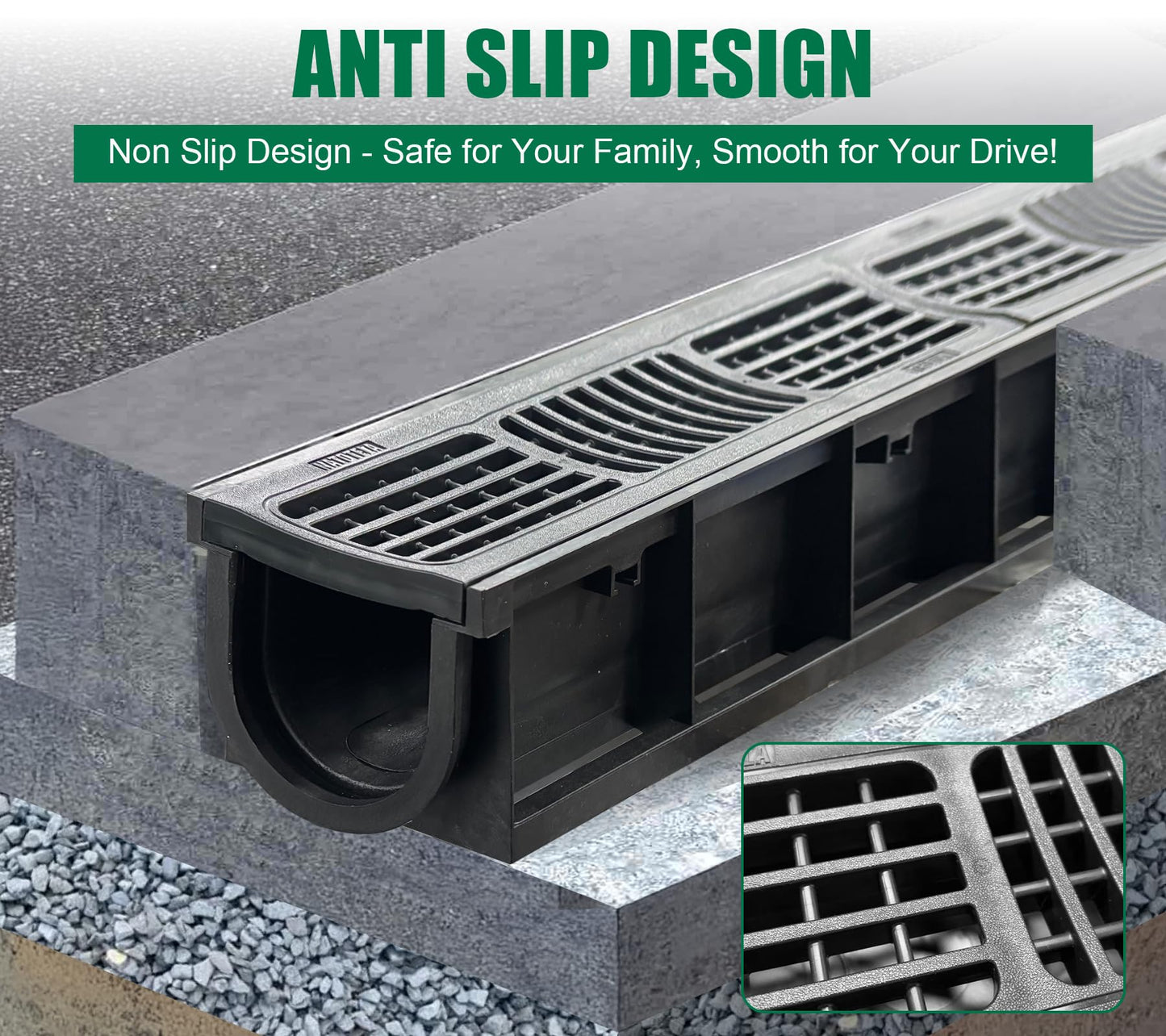 Natotela Driveway Channel Drain with HDPE Grate-39.4x6.1x5.5in Deep Profile Trench Drain System for Garage,6 Pack Total Length 236.22in,Heavy Duty Trench Drain for Parking Lot,Concrete
