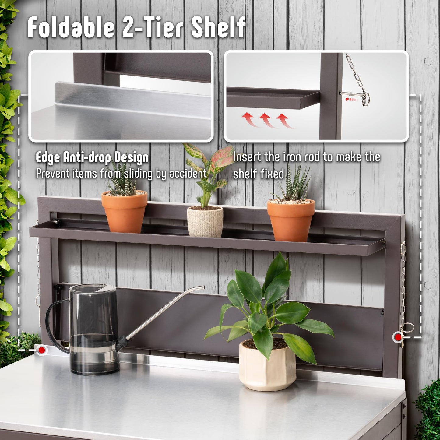 Feasto Outdoor Potting Bench Table with Storage Cabinet, Stainless Steel Garden Workstation, Raised-Edge Top, Adjustable Shelf & Removable Hutch for Patio, Balcony & Outdoor Workspace, Brown