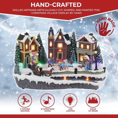 Large Animated Christmas Village - Lighted Musical Snow Scene with 4 Moving Skaters | Resin Decor