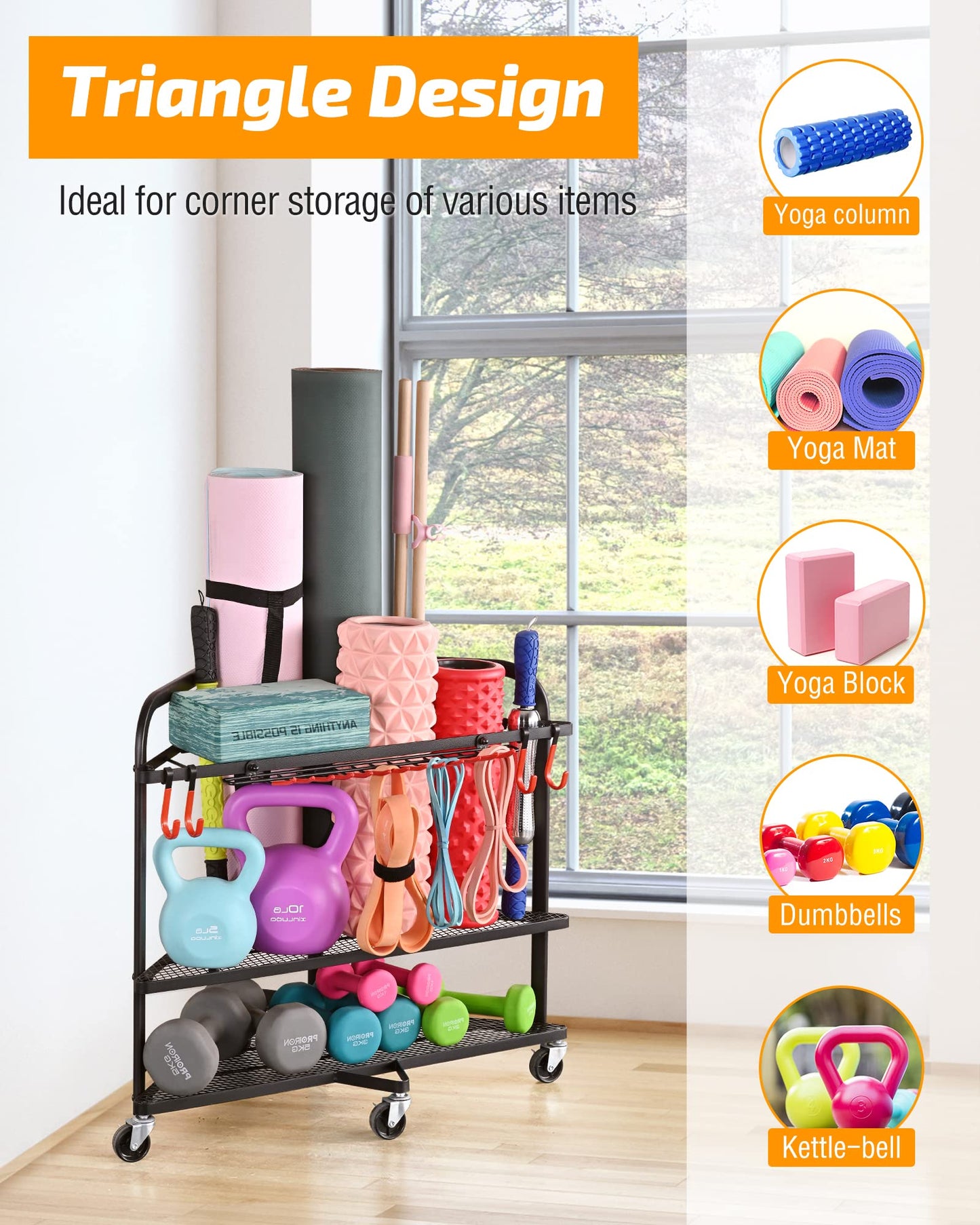 PLKOW Yoga Mat Storage Rack, Home Gym Organizer for Foam Roller, Resistance Bands, Block and Dumbbells, Rolling Workout Rack With Wheels and Hooks, Powder Coated Finish Steel