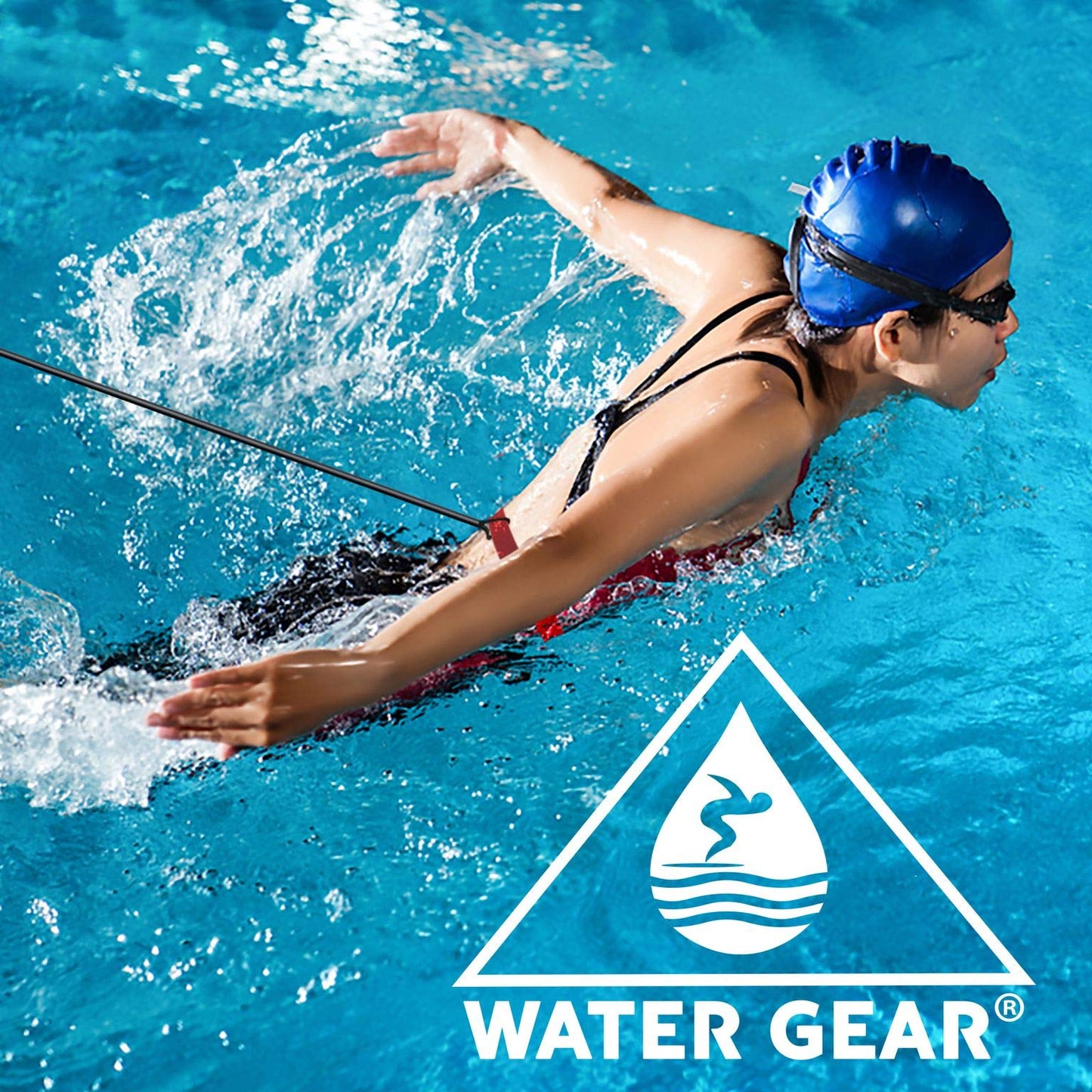 Water Gear Swim Training Leash Belt - Tether Stationary Swimming - Swimming Pool Resistance Exercise Trainer Equipment for Adult and Kids - 20 Meter Rubber Leash - Red Heavy Resist