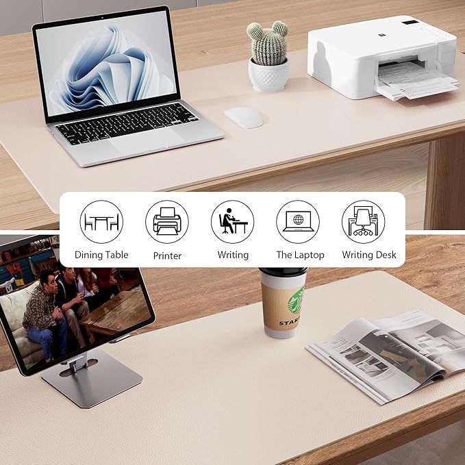 Aothia Faux Leather Desk Mat - Non-Slip PU Leather Desk Blotter, Waterproof Writing Surface, Large Desk Pad for Office & Home (Eggshell, 55" x 24")