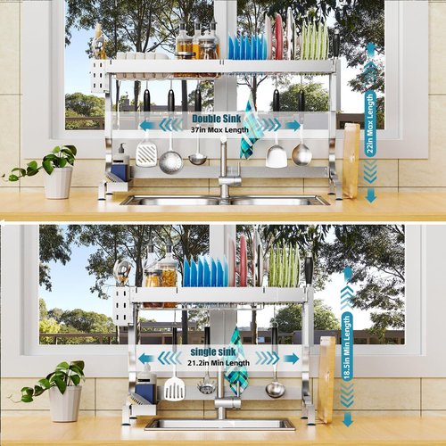 MINGLING Over Sink Dish Drying Rack Kitchen Dish Rack Over Sink Height & Width Adjustable Large Over Sink Dish Drainer Rack Full Stainless Steel (W21.2-37"~ H18.5-22" Silver)