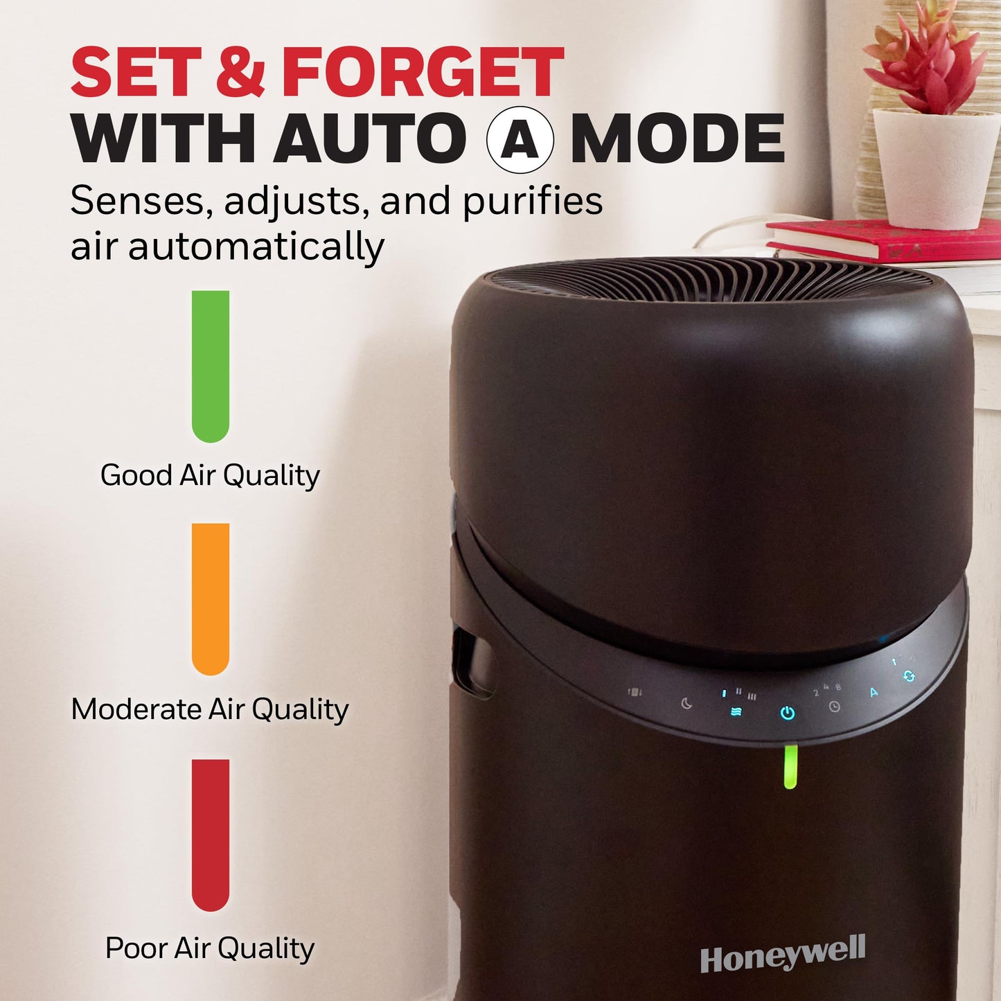 Honeywell Allergen Plus™ 3-in-1 HEPA Air Purifier for Home, Fan & Adjustable Airflow for Large Rooms up to 1928 Ft², Air Quality Sensor, Reduces Allergens, Pet Dander & Odors, Black, HPA6000B