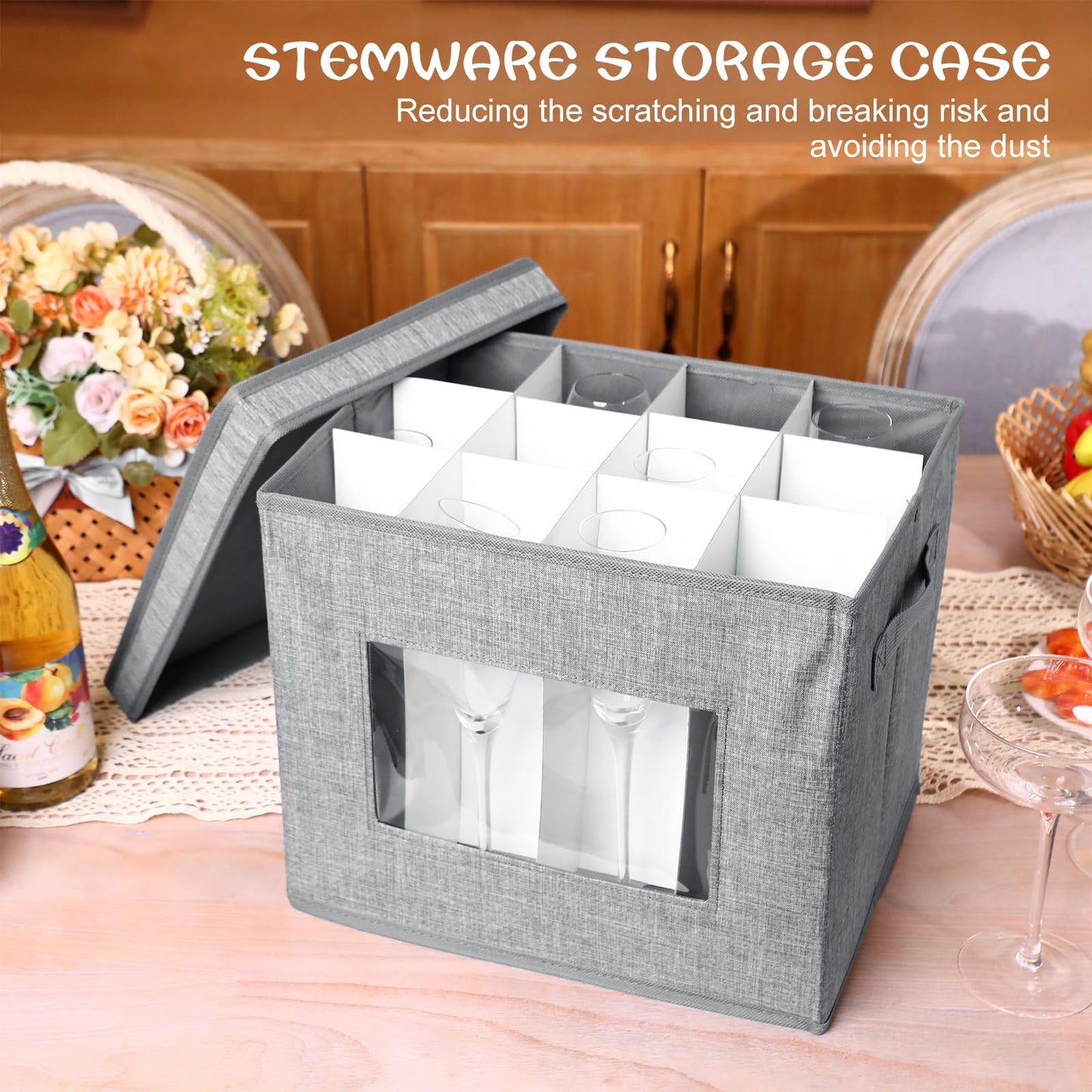 Uiifan 6 Pack Stemware Storage Box Set with Dividers, 12 Compartments Wine Glasses Storage Containers Cases Dust-proof, Transparent Window, Handles for Moving(Gray)