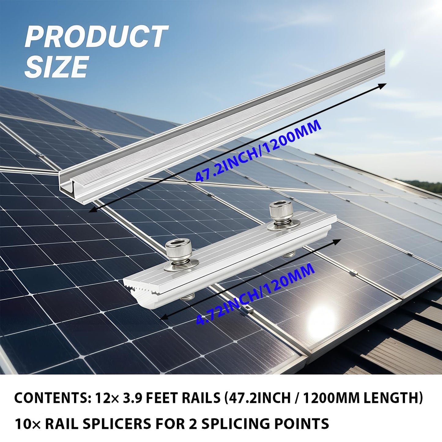 Mindoub Solar Panel Mounting Rail Kit for 7 x 320W Panels, Includes 12 x 47.2 Aluminum Rails, Adjustable Clamps, L-Brackets & Wire Clips, Heavy Duty Racking for Metal, Tile, Shingle Roof