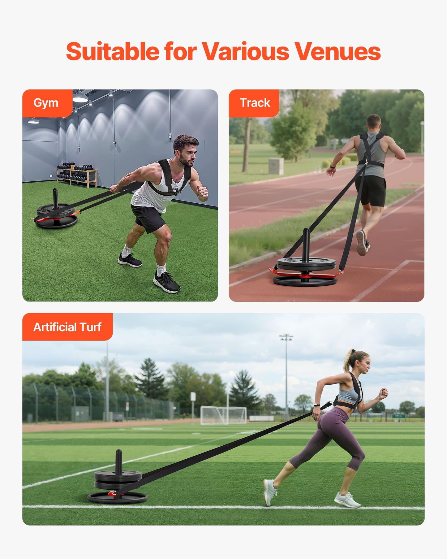 VEVOR Weight Sled, Steel Power Sled, Fitness Strength Training Pull Push Running Sled, Fitness Workout Sled Push Gym Equipment, with Harness, Compatible 2 in Weight Plates, Orange & Black