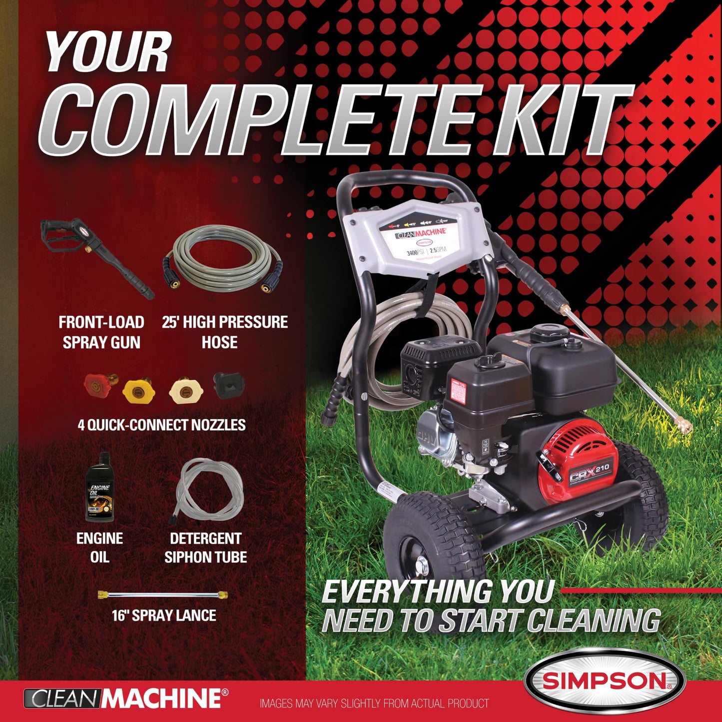 Simpson 3400 PSI Gas Pressure Washer, 2.5 GPM Residential Power Washer, Cold Water, 25' Hose, Clean Machine, 49-State Compliant (CM61083)