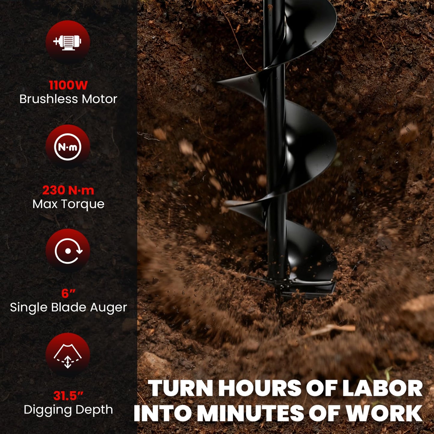 NEWTRY 1100W Cordless Earth Auger for Planting Trees & Fence Post Hole Digging, 6"x31.5" Electric Post Hole Digger w/Reverse & 6-Speed, for Farm Landscaping