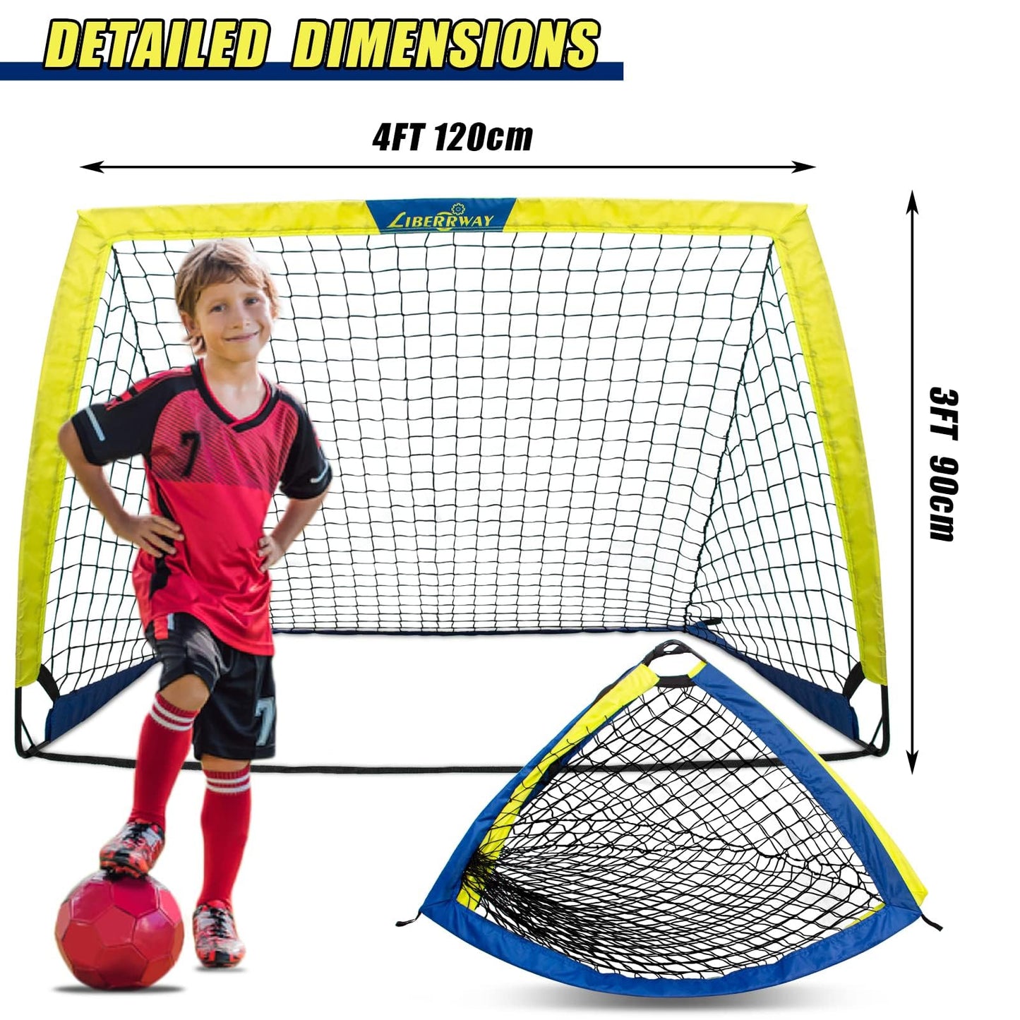 LIBERRWAY Soccer Goal 4'x 3' Portable Kids Soccer Goals for Backyard or Indoor Pop Up Soccer Net with 6 Training Cones, Carrying Bag, 8 Ground Stakes