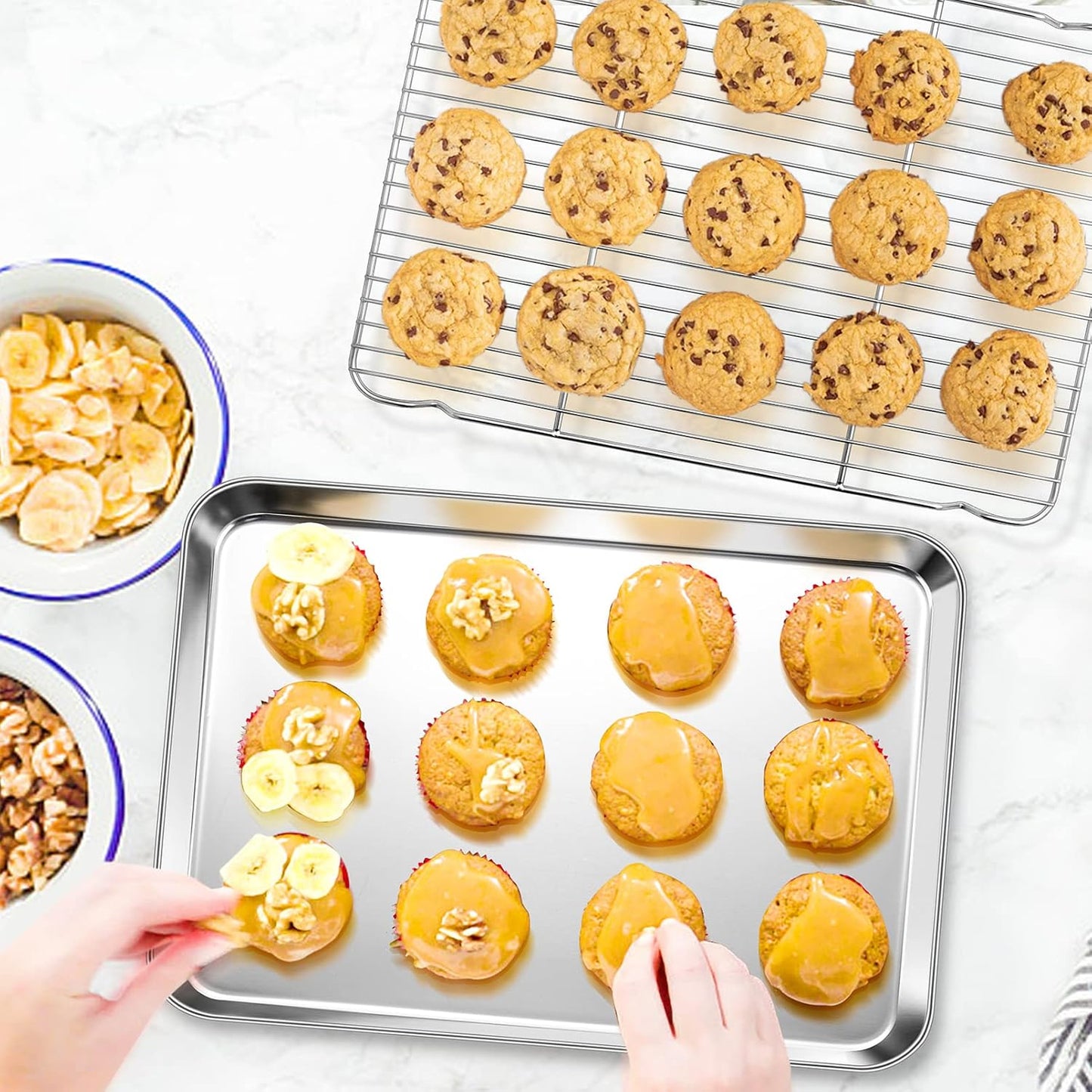 P&P CHEF 17.5 Inch Stainless Steel Baking Sheet Set - 2 Pans & Racks for Cookies | Oven & Dishwasher Safe
