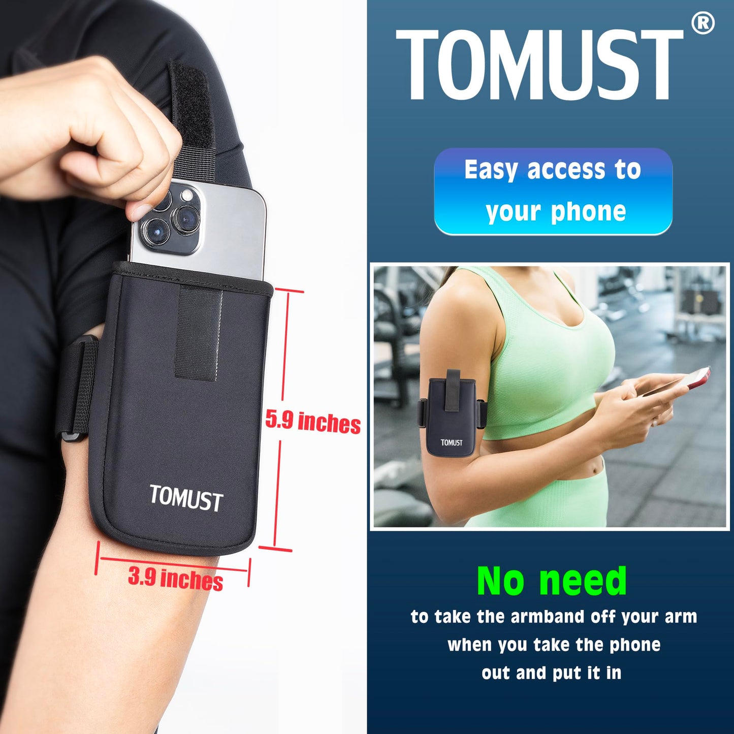 TOMUST Phone Holder with Three Strap, Lightweight Arm Band with Reflective Logo, Elastic Armband Sleeve with Case Fits iPhone and Android, Use for Running, Hiking, Fitness and Workouts, Women/Men